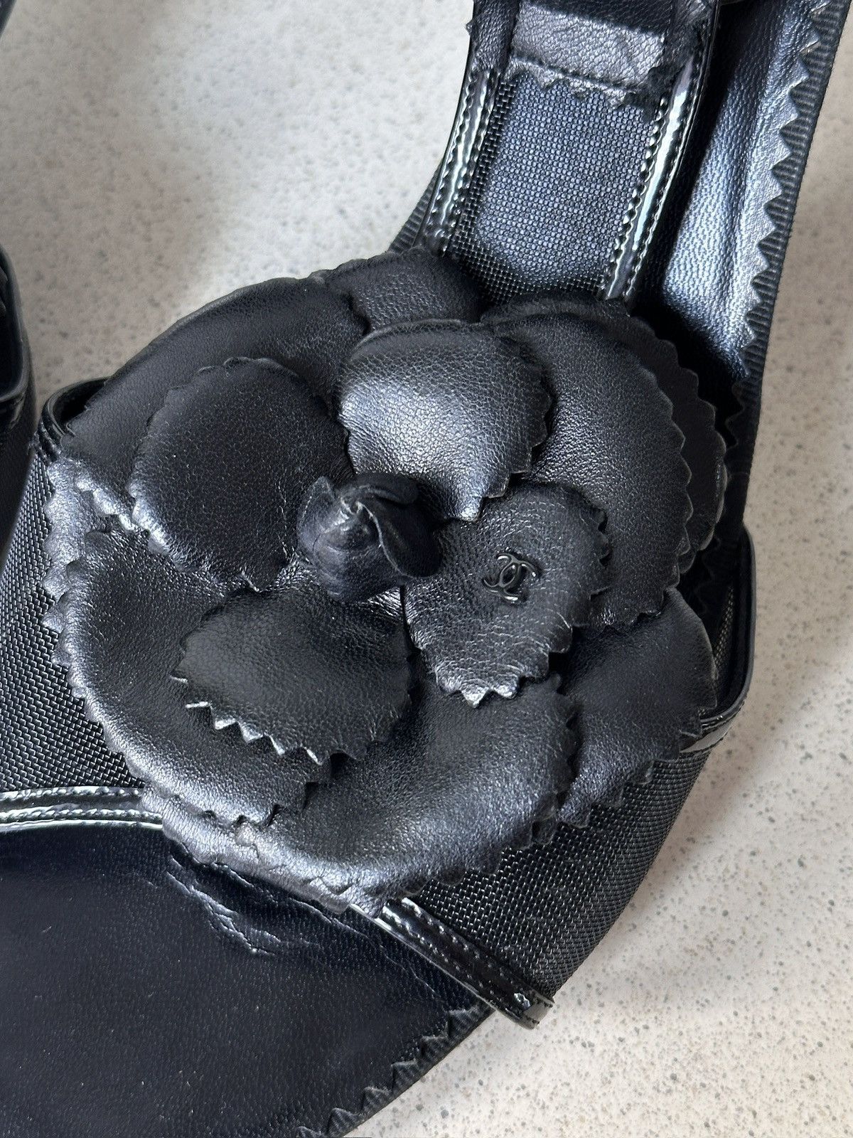 Chanel CHANEL Black Camellia Ankle Strap Mesh Leather Heels 42 Size US 11 / IT 41 - 9 Thumbnail