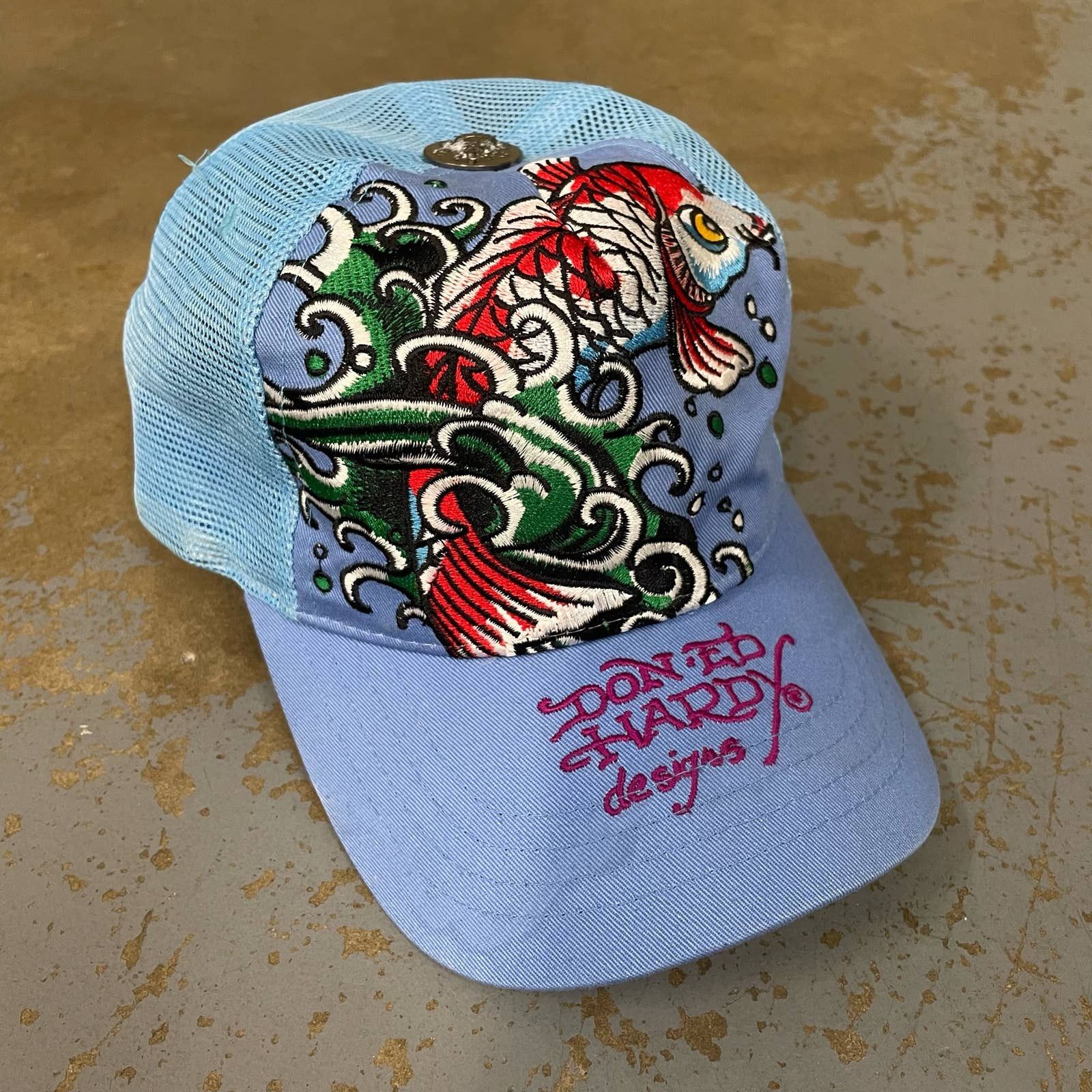 Vintage Don Ed Hardy White Trucker Hat Koi Fish Embroidered Rhinestone Snapback Unisex Embroidered 1971 Koi Fish 5 Panel Trucker Cap - Black  main image 4