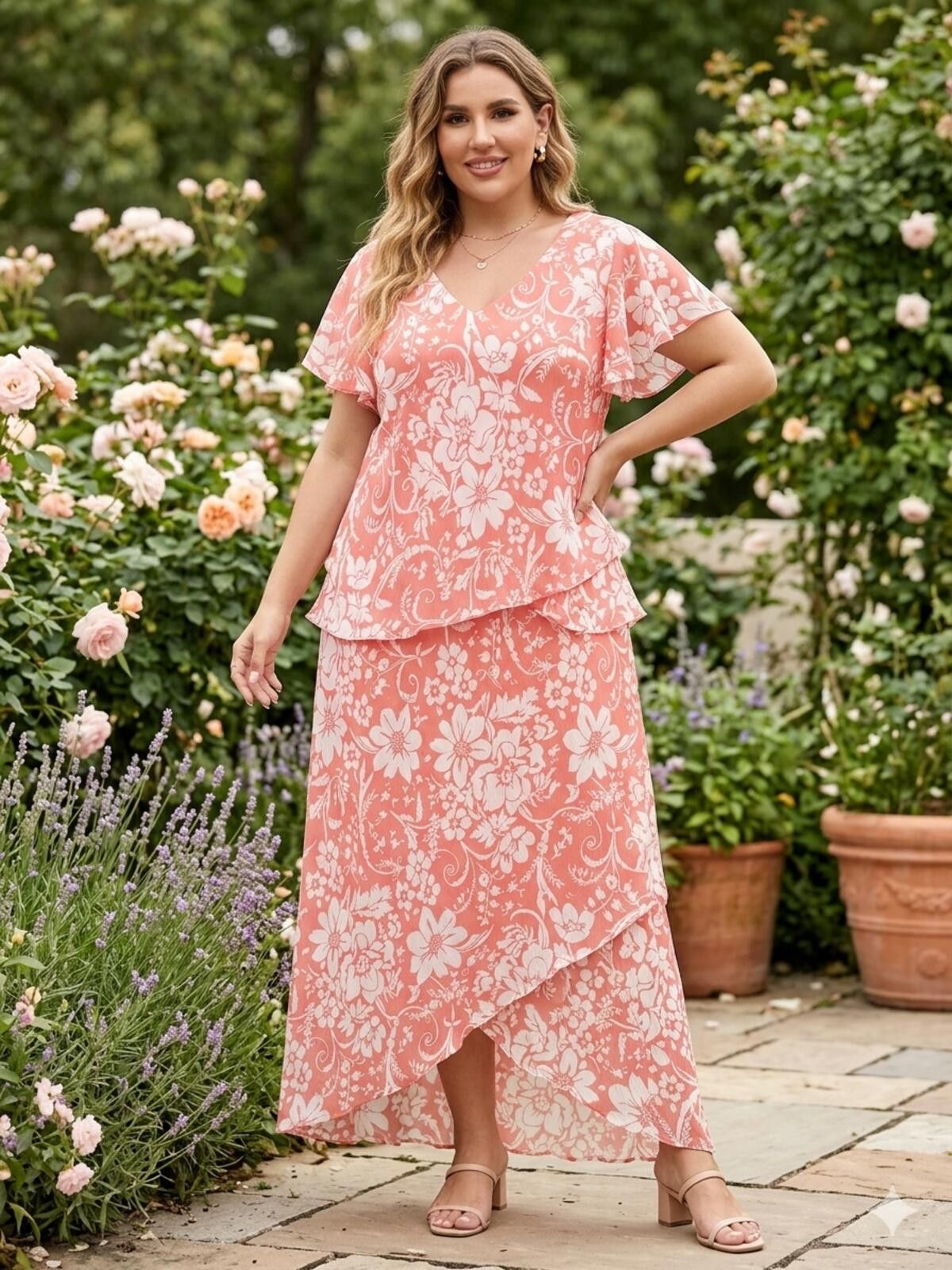 Other Lady Dorby Women's Plus Size 18W Coral Pink Floral Two-Piece