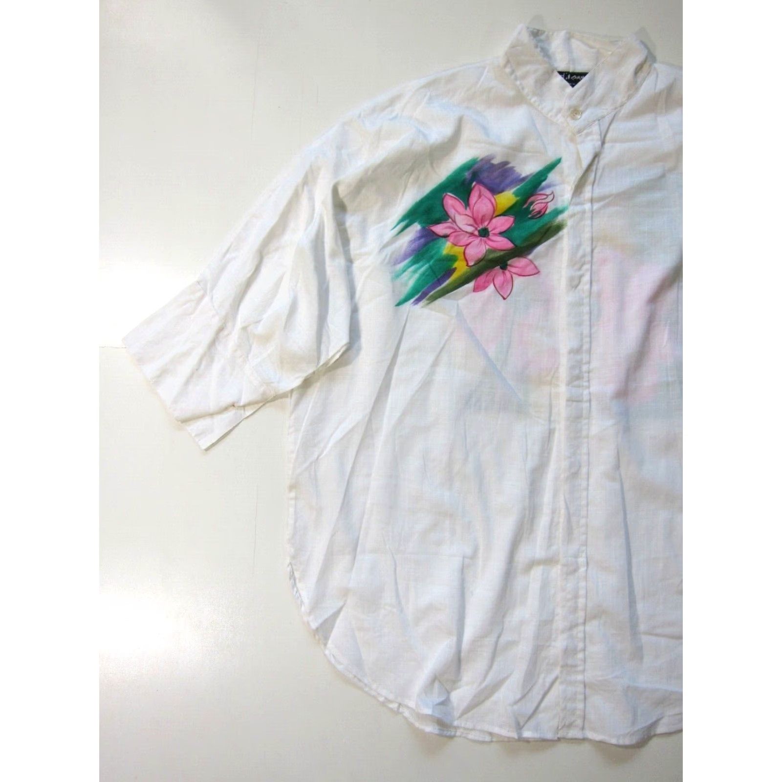 Vintage Vintage Dilemma Art Cotton White Hand Painted Floral Button Down Blouse L-XL - Women Shirt Size L / US 10 / IT 46 - 6 Thumbnail