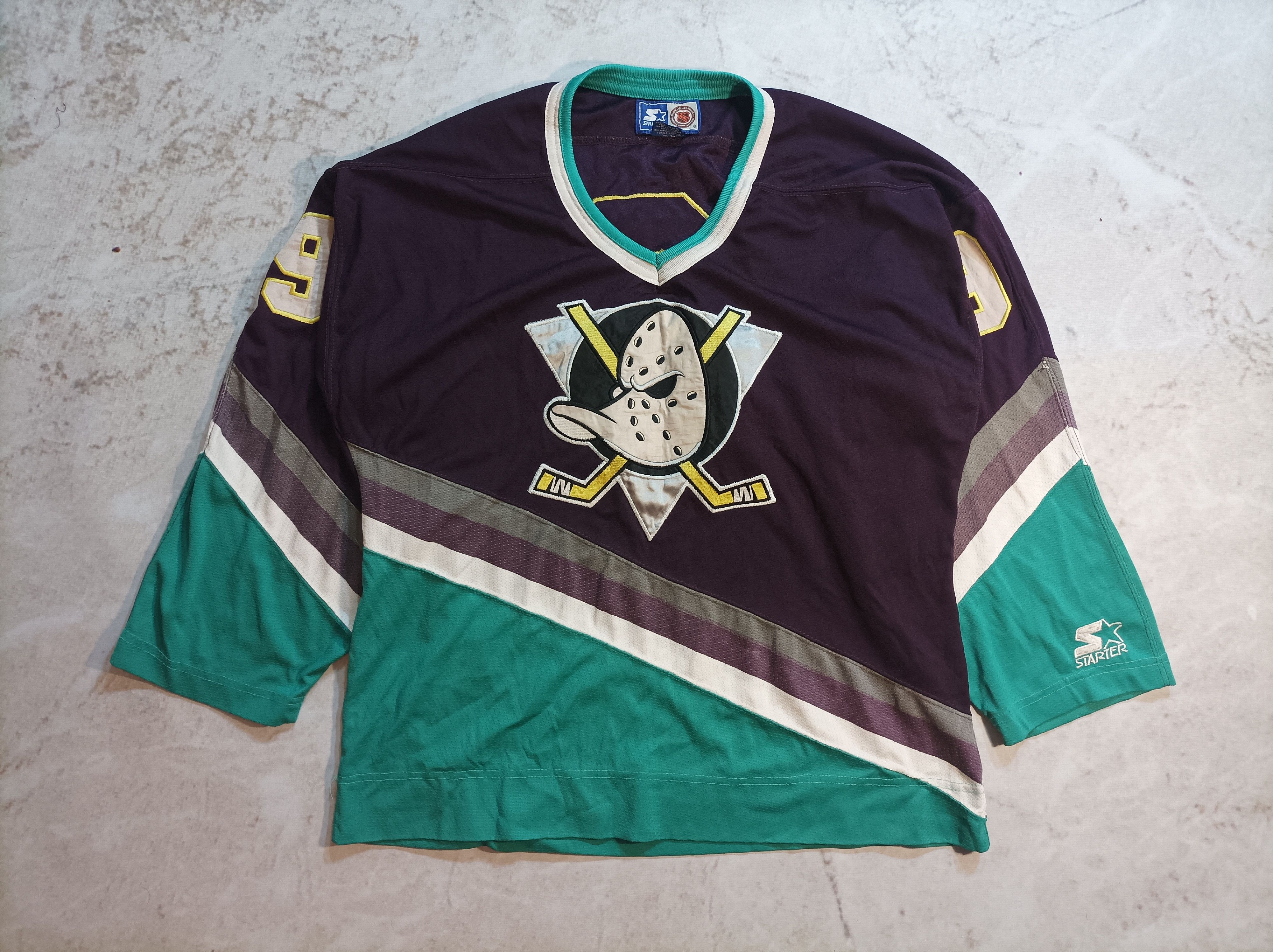 Image of Nhl x The Mighty Ducks Vintage Starter Anaheim Mighty Ducks 9 Kariya Hockey Jersey (Size Large)