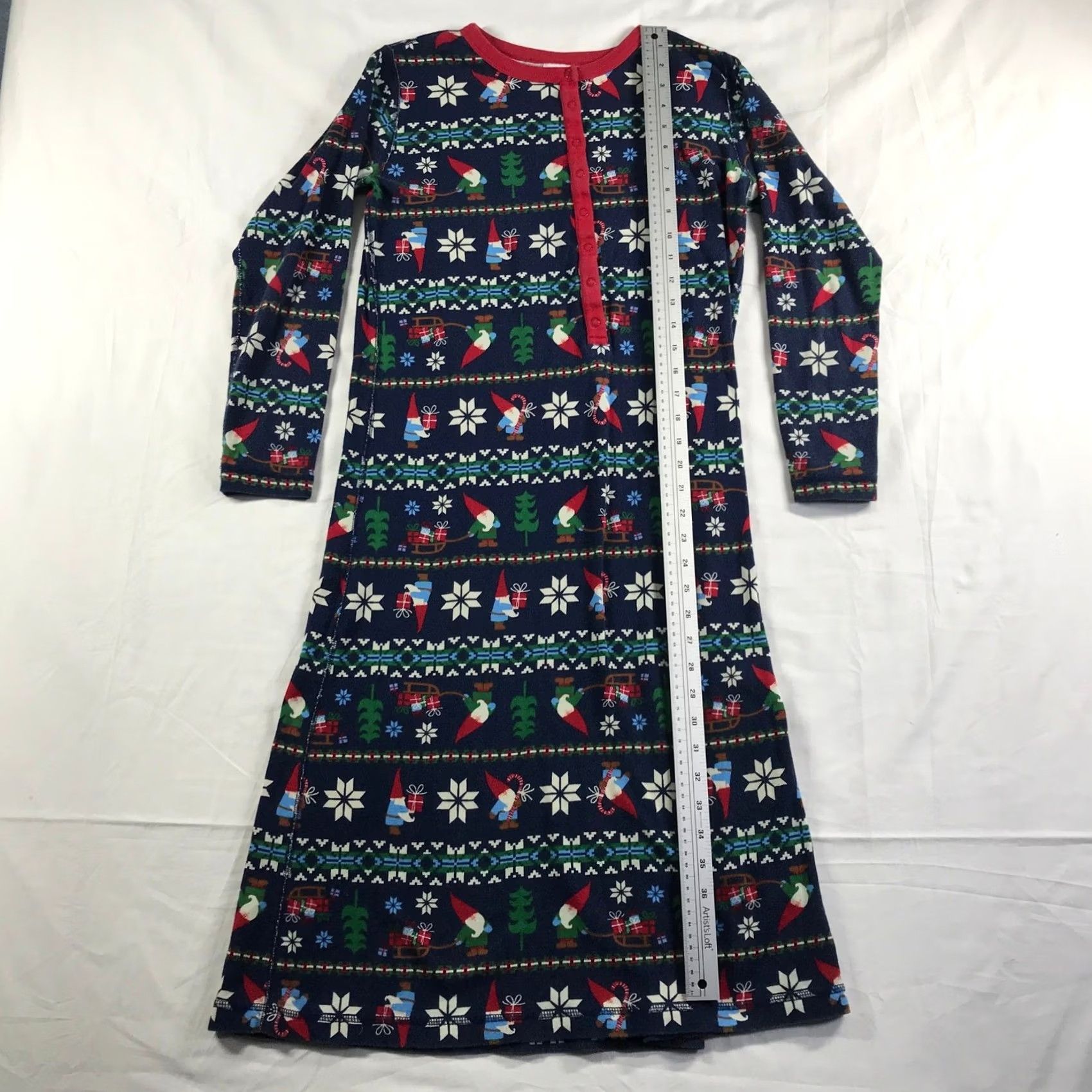 Vintage Hanna Andersson Womens Nightgown Organic Cotton Gnome Fair Isle Christmas Navy S Nightgown Dress Long Sleeve Henley Button Winter Holiday Womens Size ONE SIZE - 2 Thumbnail