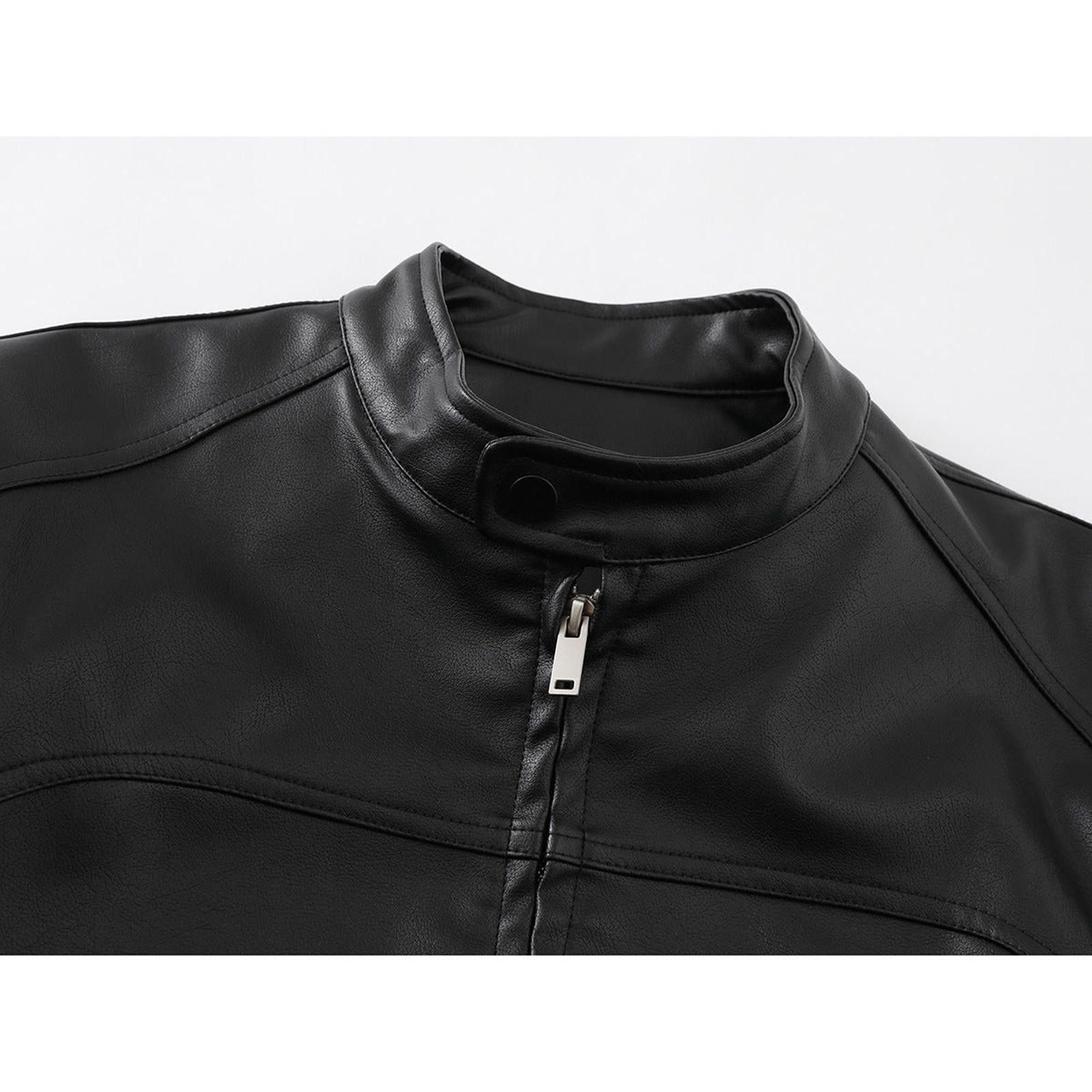Leather Black Faux Leather Biker Jacket, Zip-Up Stand Collar Size US M / EU 48-50 / 2 - 2 Thumbnail
