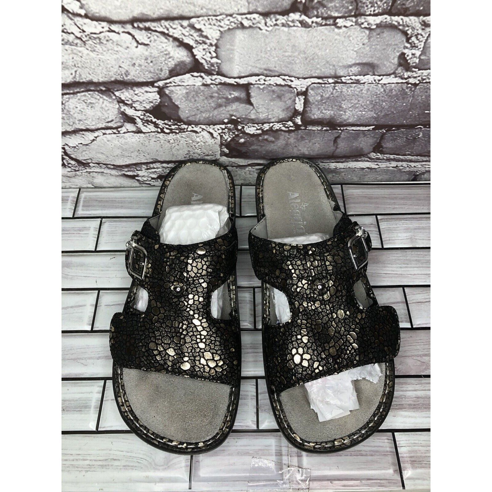 Other Alegria PEG 780 Black Silver Mosaic Leather Platform Slides Size US 10.5 / IT 40.5 - 17 Thumbnail