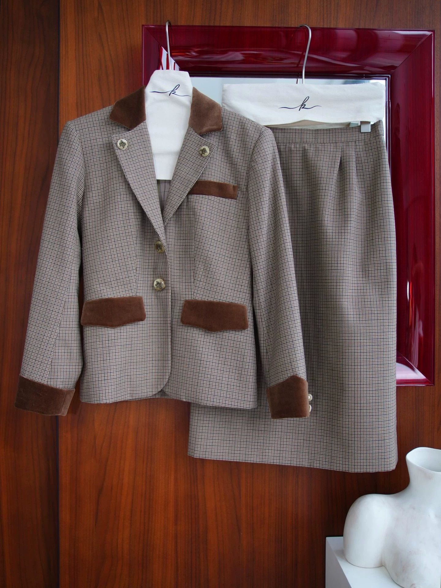 Hermes Hermes Vtg Wool Check Velvet Suit Skirt Set FR40 M-L Size M / US 6-8 / IT 42-44 - 2 Thumbnail