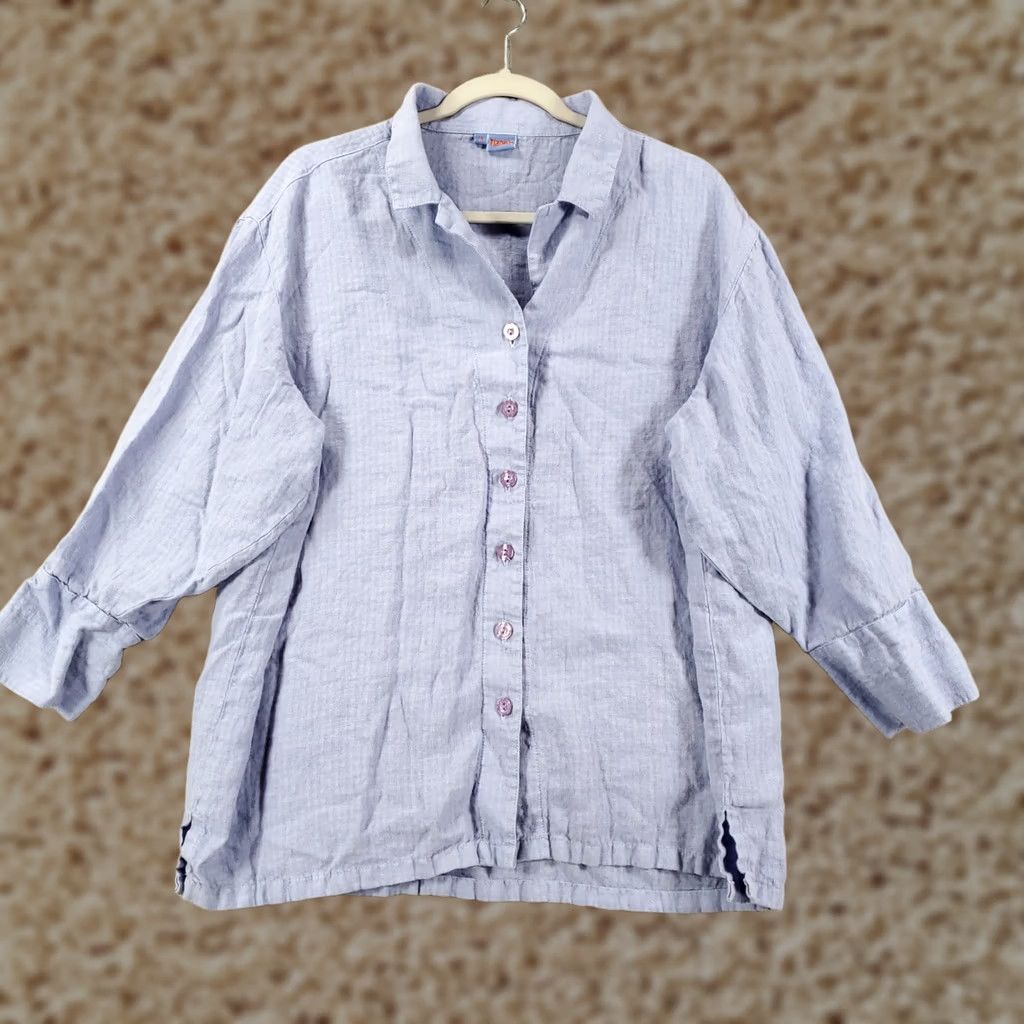 Vintage Womens Button-Up Linen Top Size M Violet Blue 100% Linen USA Made Size M / US 6-8 / IT 42-44 - 1 Thumbnail
