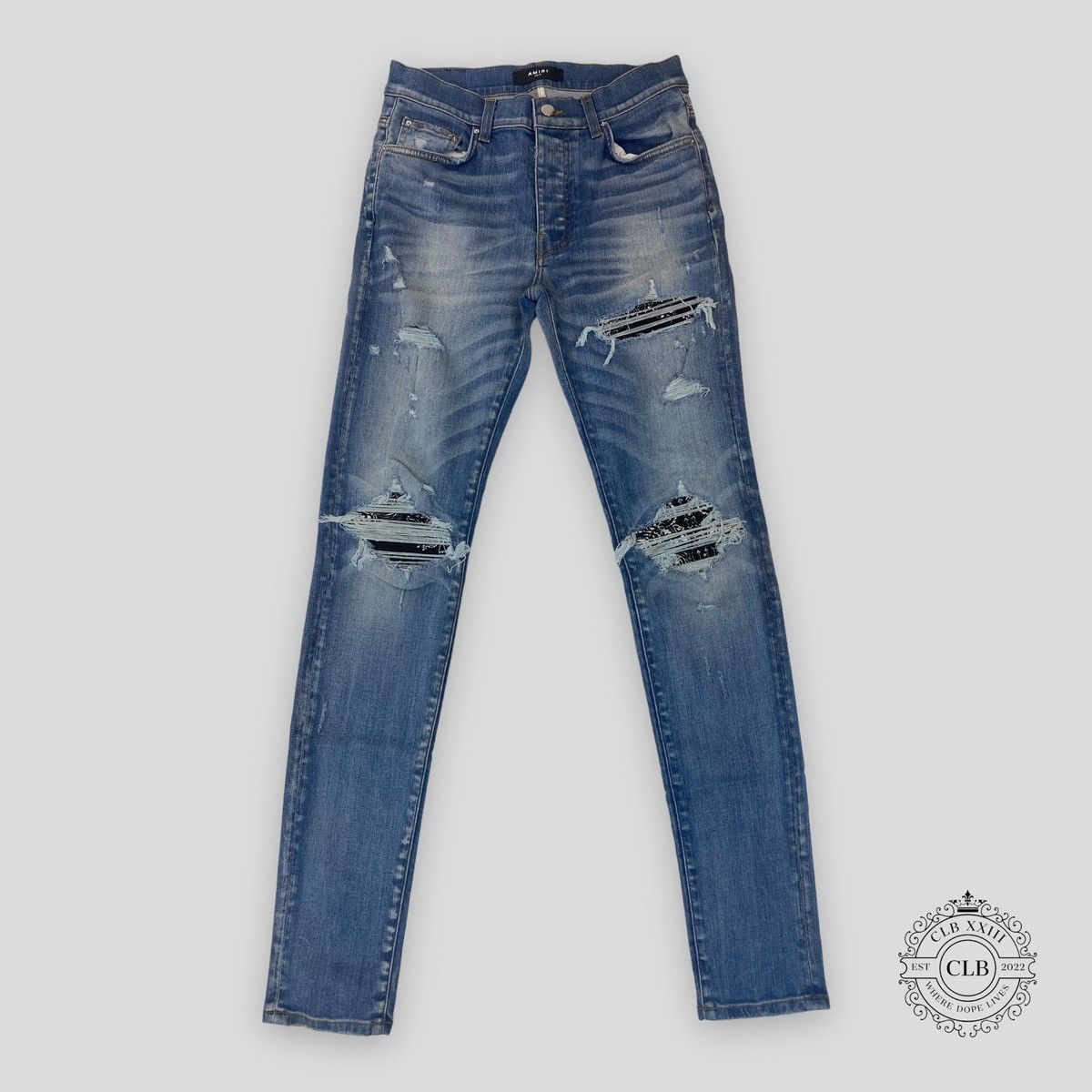 AMIRI MX1 BLACK BANDANA PATCH JEANS INDIGO