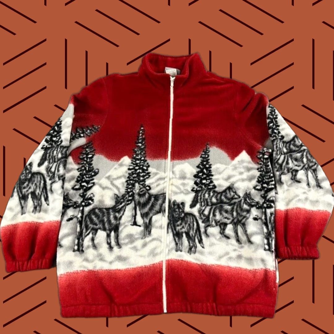 Blair BLAIR Sweater Jacket Womens Large Red White Wolf Wolves Nature AOP Fleece 90s Size L / US 10 / IT 46 - 1 Thumbnail