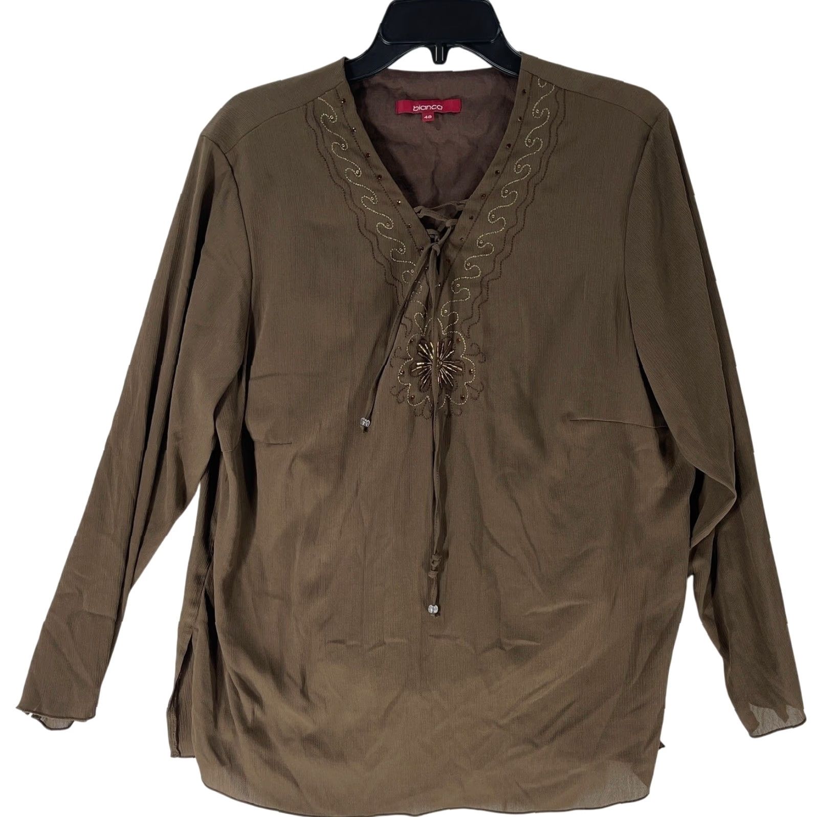Vintage Bianca Blouse Tunic Women Brown Long Sleeve V-Neck Bohemian 18 Plus Size XXL / US 16-18 / IT 52-54 - 2 Thumbnail