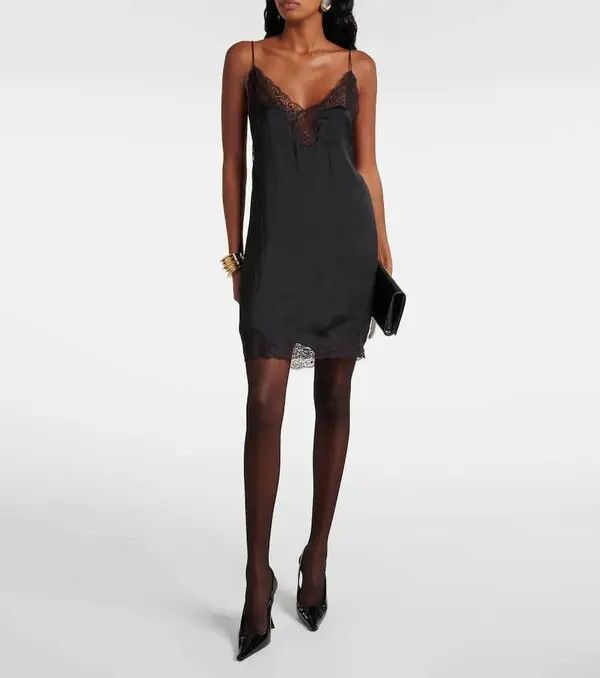 Saint Laurent Paris o1bcso1str0426 Lace Trimmed Satin Slip Dress in Black Size XL / US 12-14 / IT 48-50 - 3 Thumbnail