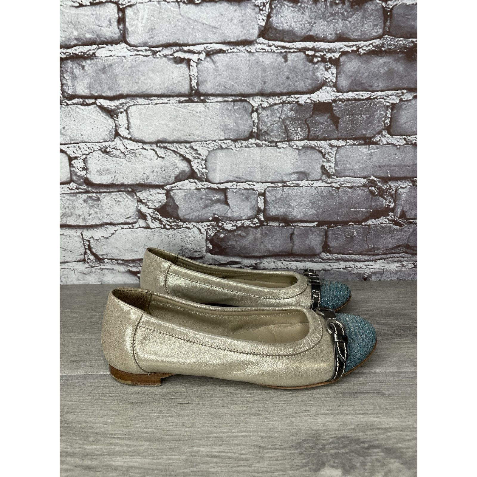 AGLINI AGL Metallic Gold Shimmer Leather Blue Cap Toe Ballet Flats Size US 6 / IT 36 - 14 Thumbnail