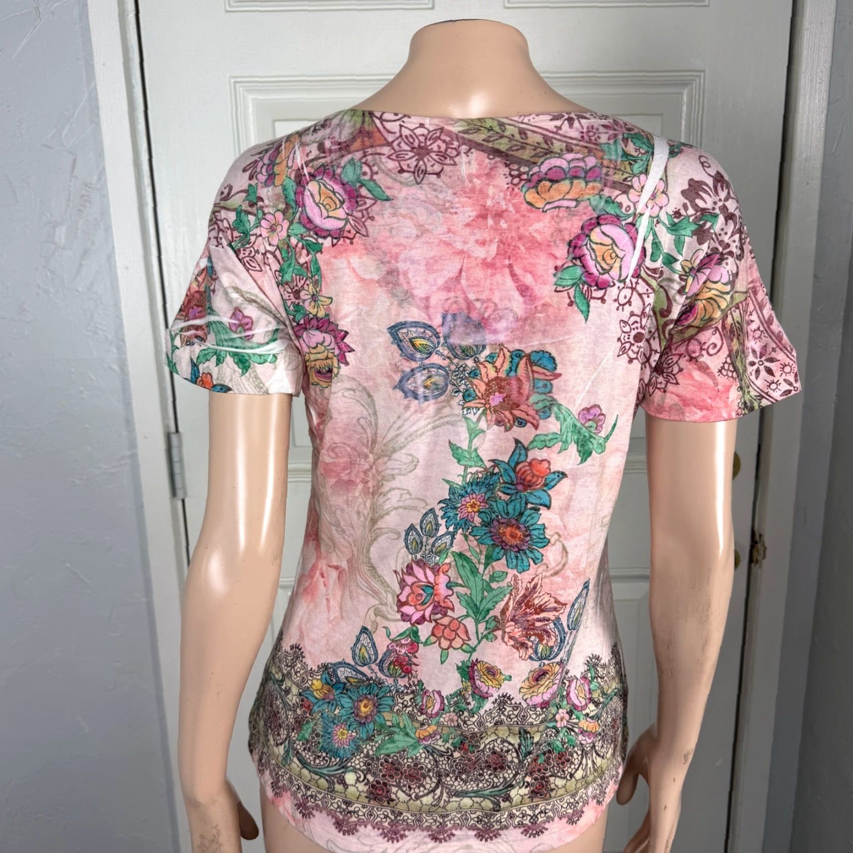 Vintage VINTAGE Mushka by Sienna Rose T-Shirt Shirt Floral Print Cotton Knit Pink Short Sleeve Womens PM Size 38 Bust 22" Length Size M / US 6-8 / IT 42-44 - 3 Thumbnail