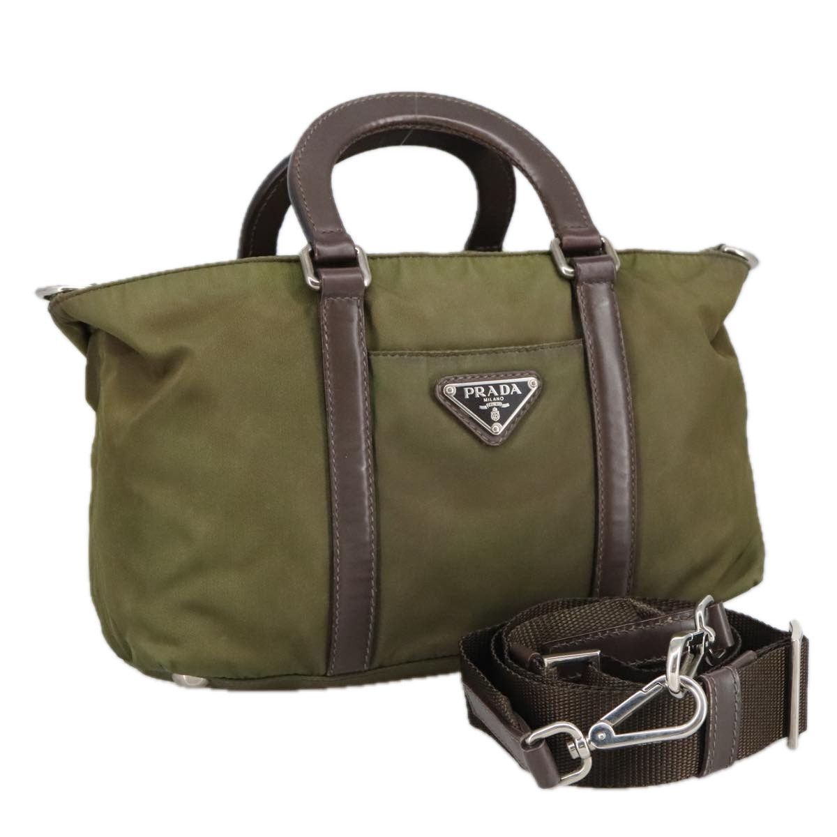 Prada PRADA Hand Bag Nylon 2way Khaki Brown Silver Auth kk383 | Grailed