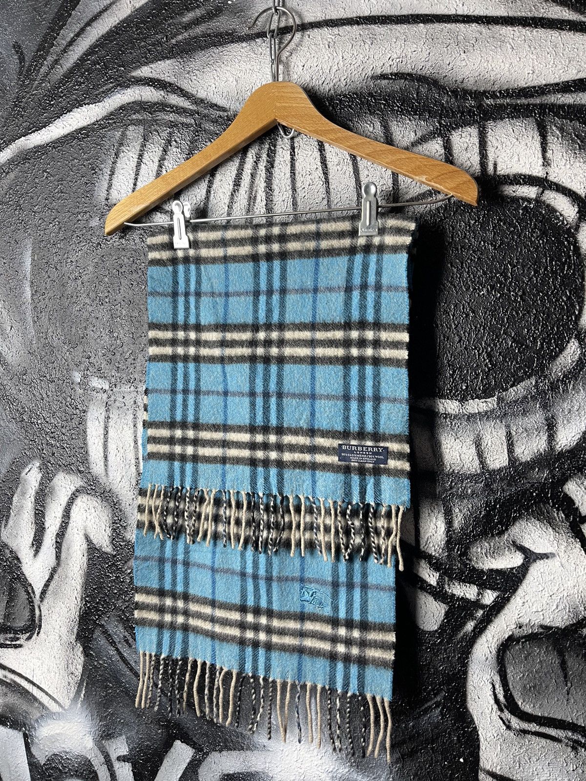 Burberry Burberry London Cashmere And Wool Blue Checkered Scarf Size ONE SIZE - 1 Thumbnail