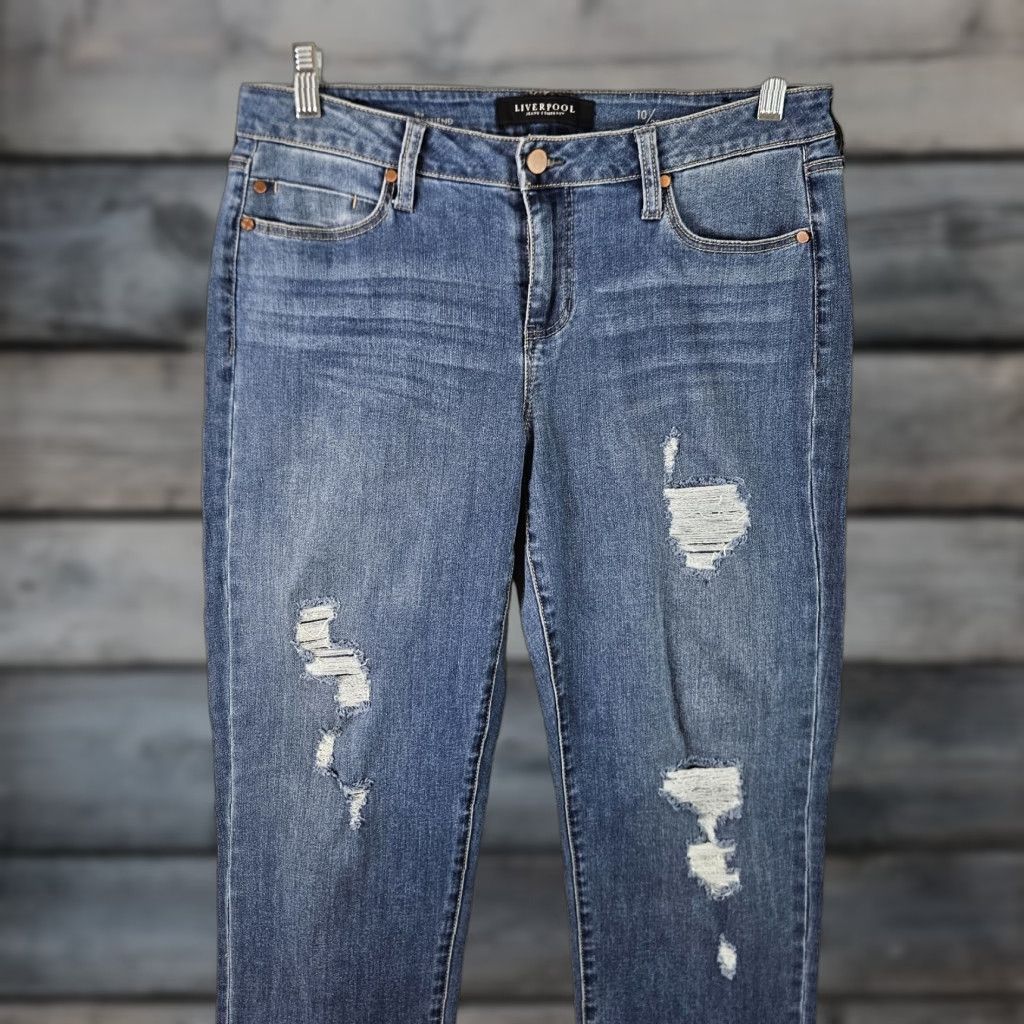 Vintage Liverpool Jeans Womens Sz 10 Blue Distressed Crop Boyfriend Mid Rise Size 32" / US 10 / IT 46 - 1 Thumbnail