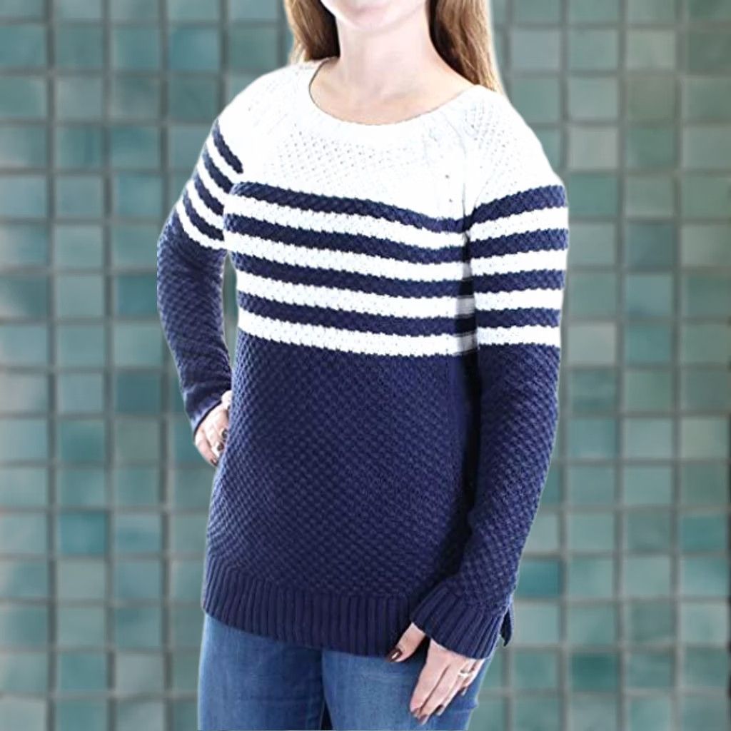 Vintage Maison Jules Women's Sweater L Navy/White Striped Cross-Stitch Egret Sweater Size L / US 10 / IT 46 - 1 Preview