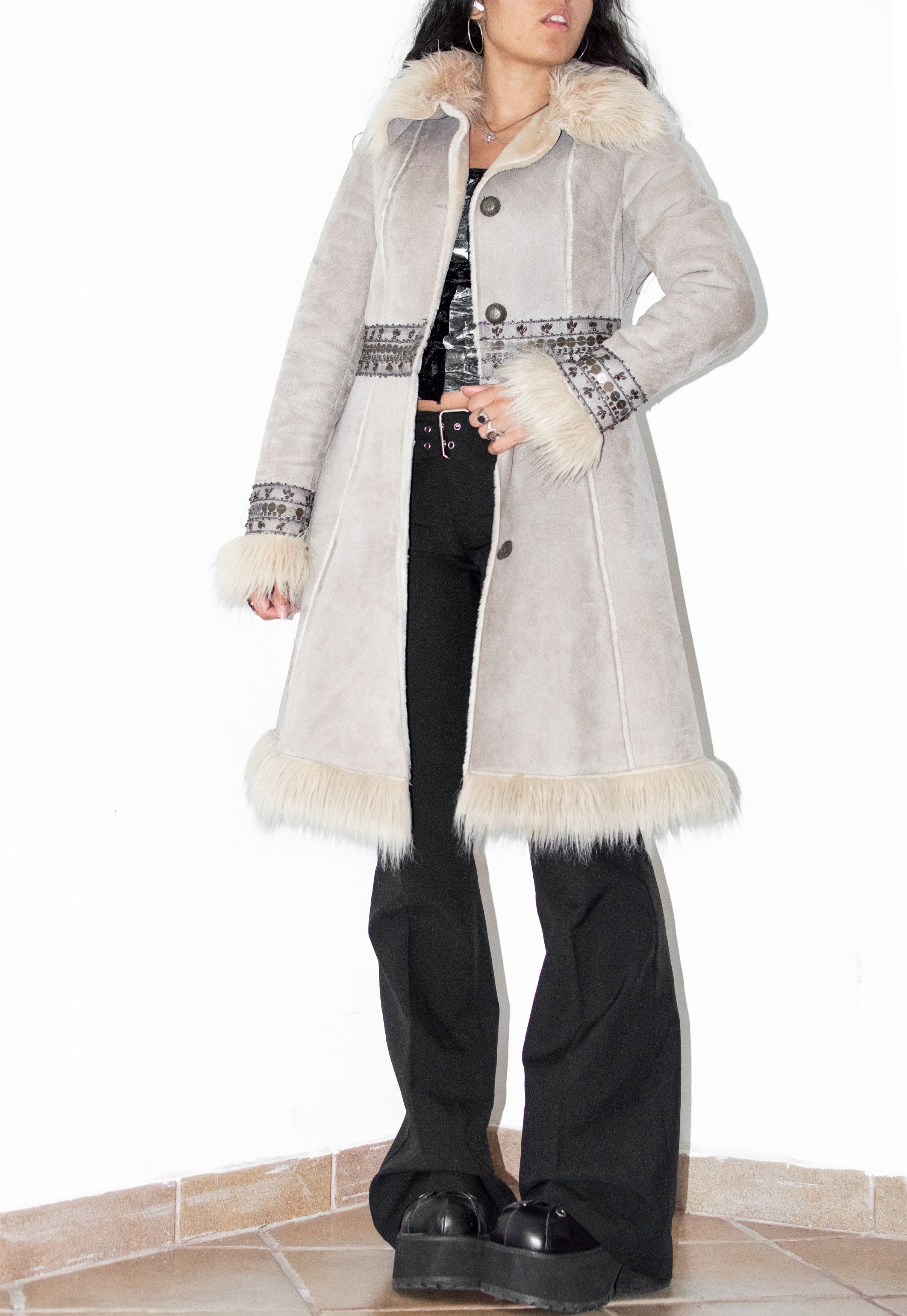 Vintage Y2k Beige Embroidery Faux Fur Penny Lane Coat Size S / US 4 / IT 40 - 6 Thumbnail