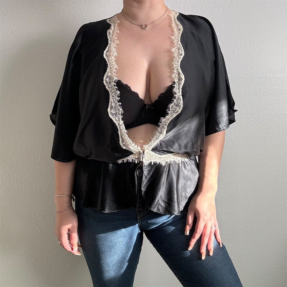 Express EXPRESS Y2K Black Silk White Lace Deep V Neck Blouse Top Size M / US 6-8 / IT 42-44 - 1 Thumbnail