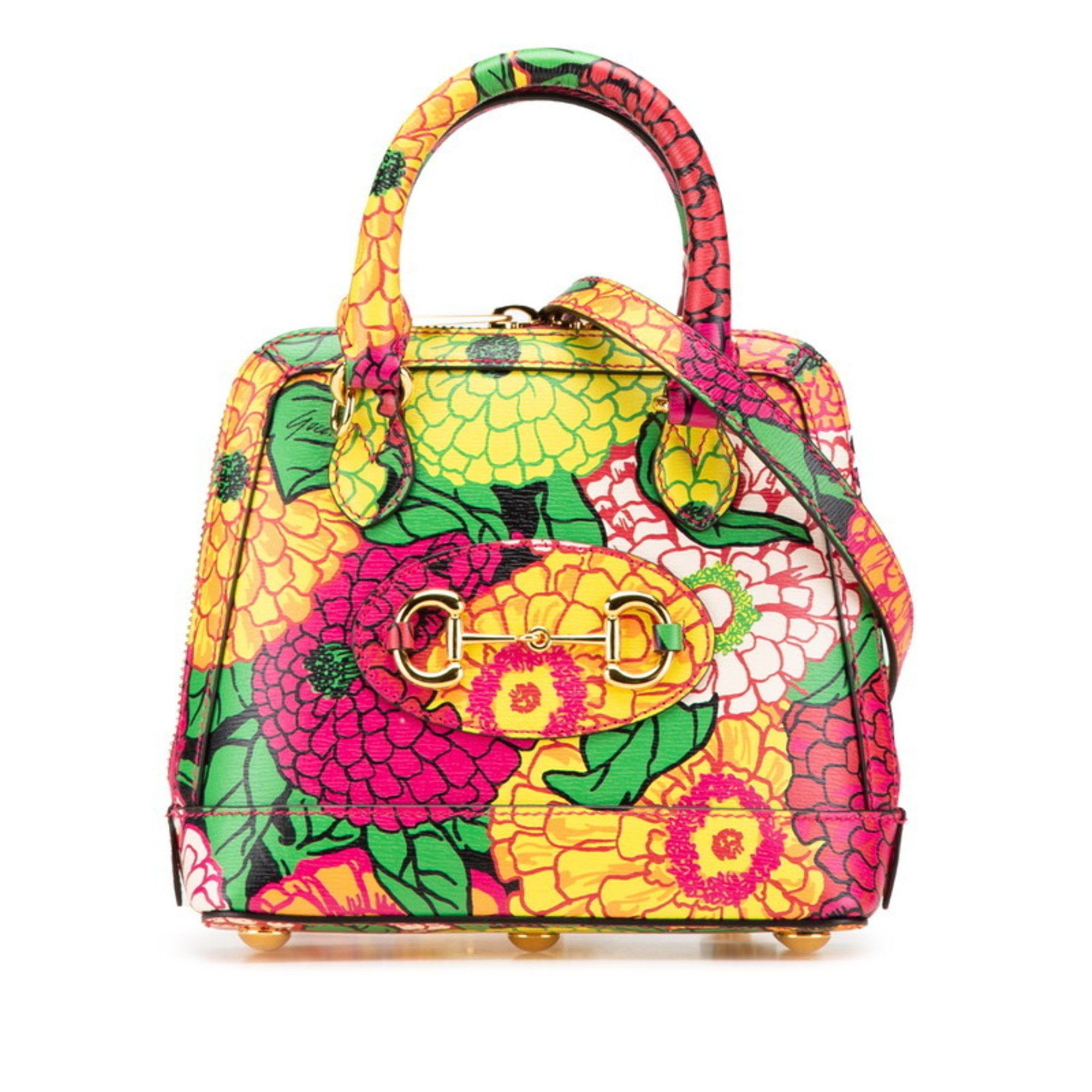Gucci Horsebit 1955 Ken Scott Flower Print Handbag Shoulder Bag 640716 Pink Yellow Multicolor Leather Women's Gucci