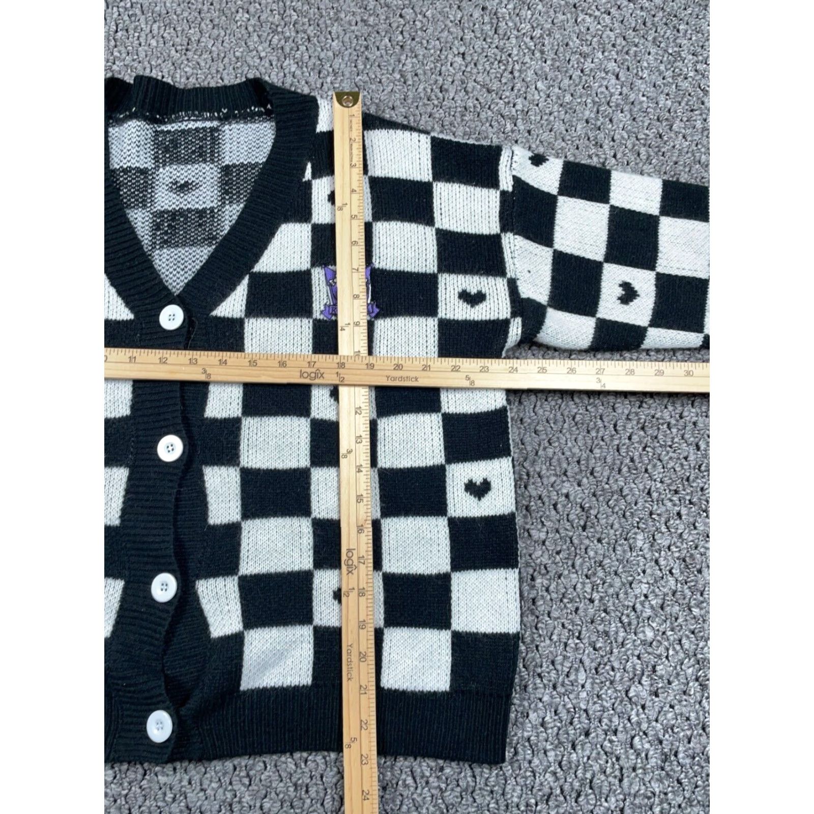 Vintage Kuromi Cardigan Women's XL Black White Check Pattern Embroidered Anime Boxy Fit Sweater Cardigan 90s Hipster Retro Casual Women's Size XL / US 12-14 / IT 48-50 - 5 Thumbnail