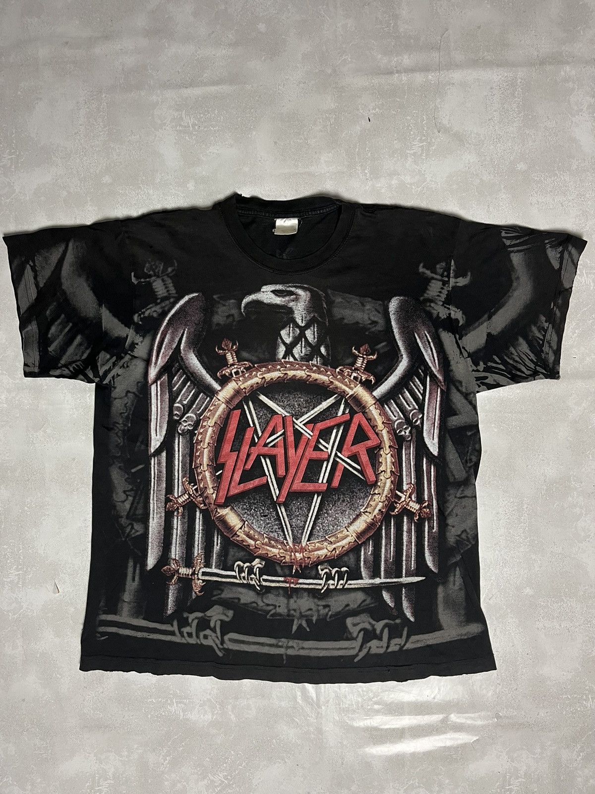Band Tees × Vintage Vintage Slayer Trashed Washed Distressed All Over Print Tee Size US L / EU 52-54 / 3 - 1 Thumbnail