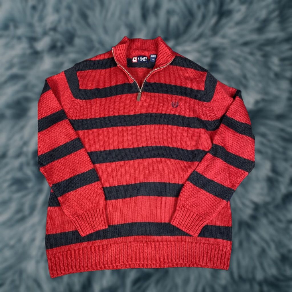 Chaps Chaps Ralph Lauren 1/4 Zip Knit Sweater Mens L Blue Red Stripes Pullover Knit Wool? Size US L / EU 52-54 / 3 - 1 Thumbnail