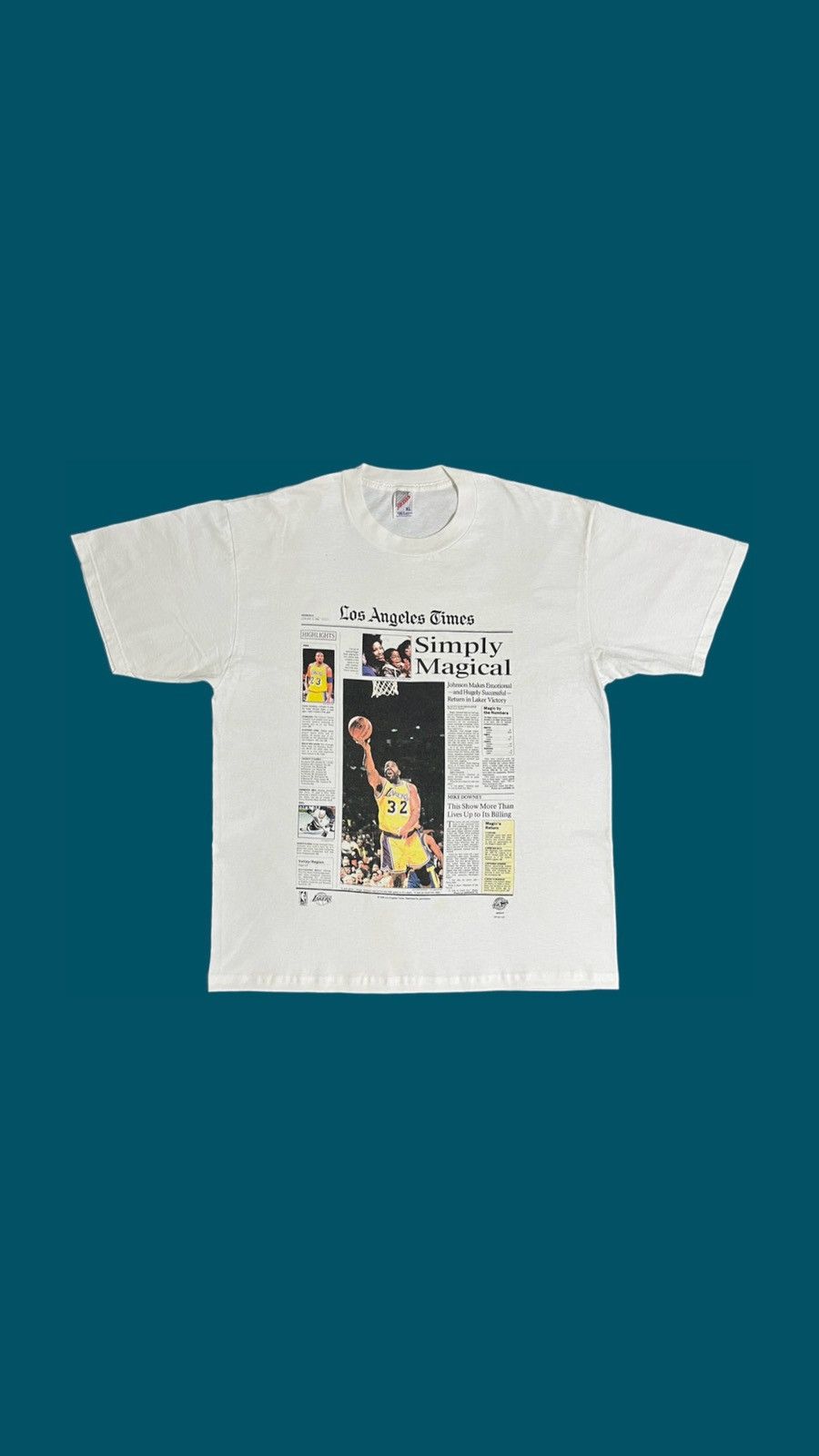 image of Vintage 1996 Magic Johnson X Lakers Newspaper Tee in White, Men's (Size XL)