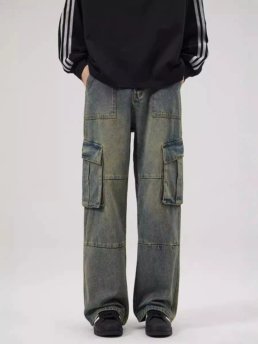 Vintage Retro washed multi-pocket men's straight loose work jeans Size US 32 / EU 48 - 1 Thumbnail