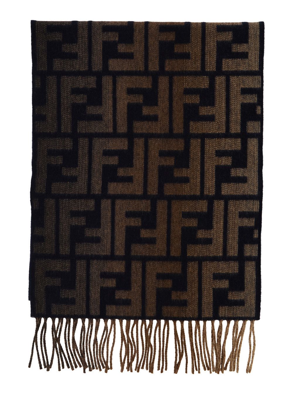 Fendi Brown Scarf with Fringed Hem and All-Over FF Logo in Wool and Cashmere for Men Size ONE SIZE - 1 Thumbnail
