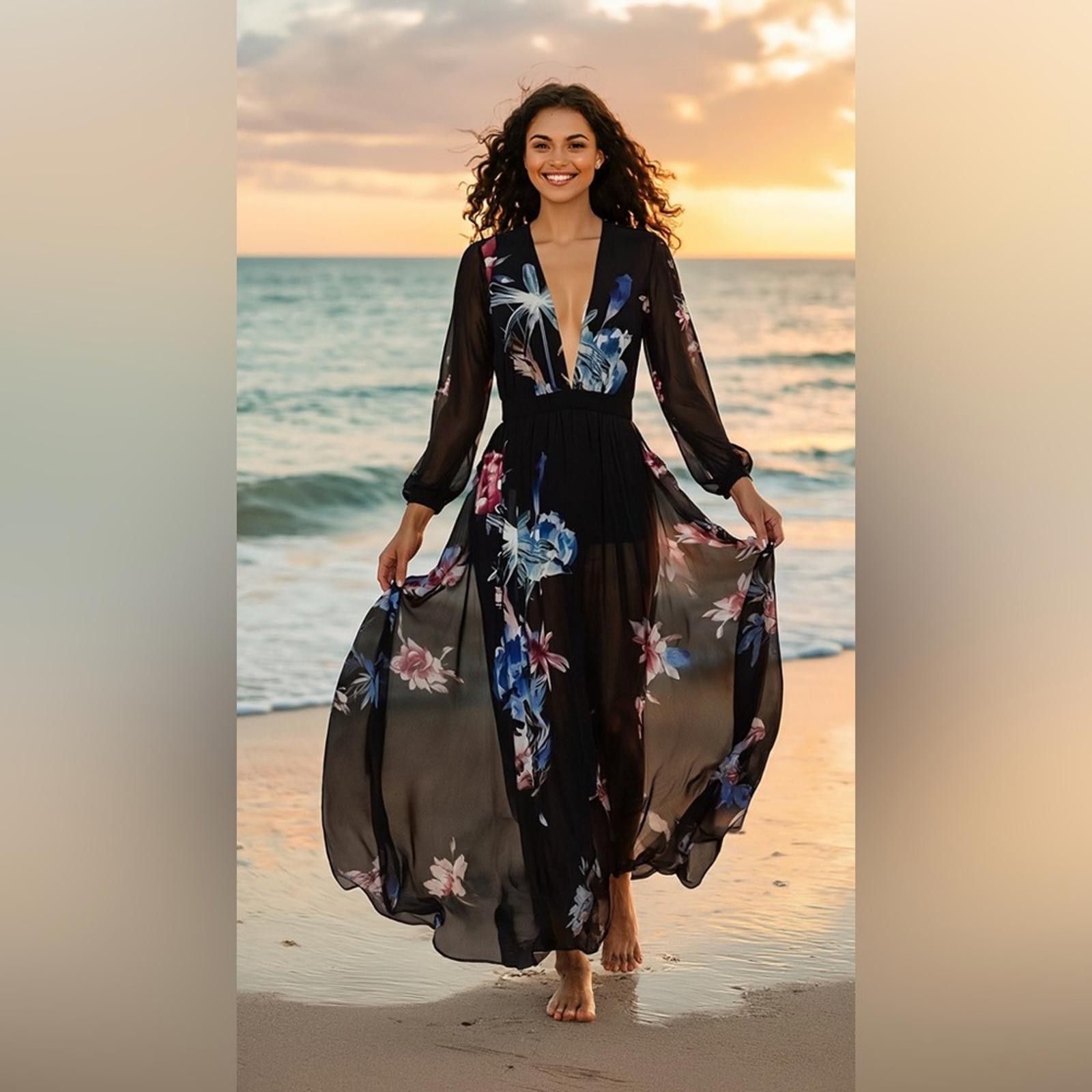 United Colors Of Benetton Bebe 4 Black Floral Deep V Maxi Dress Romper Coachella boho Size 27" / US 4 / IT 40 - 2 Thumbnail
