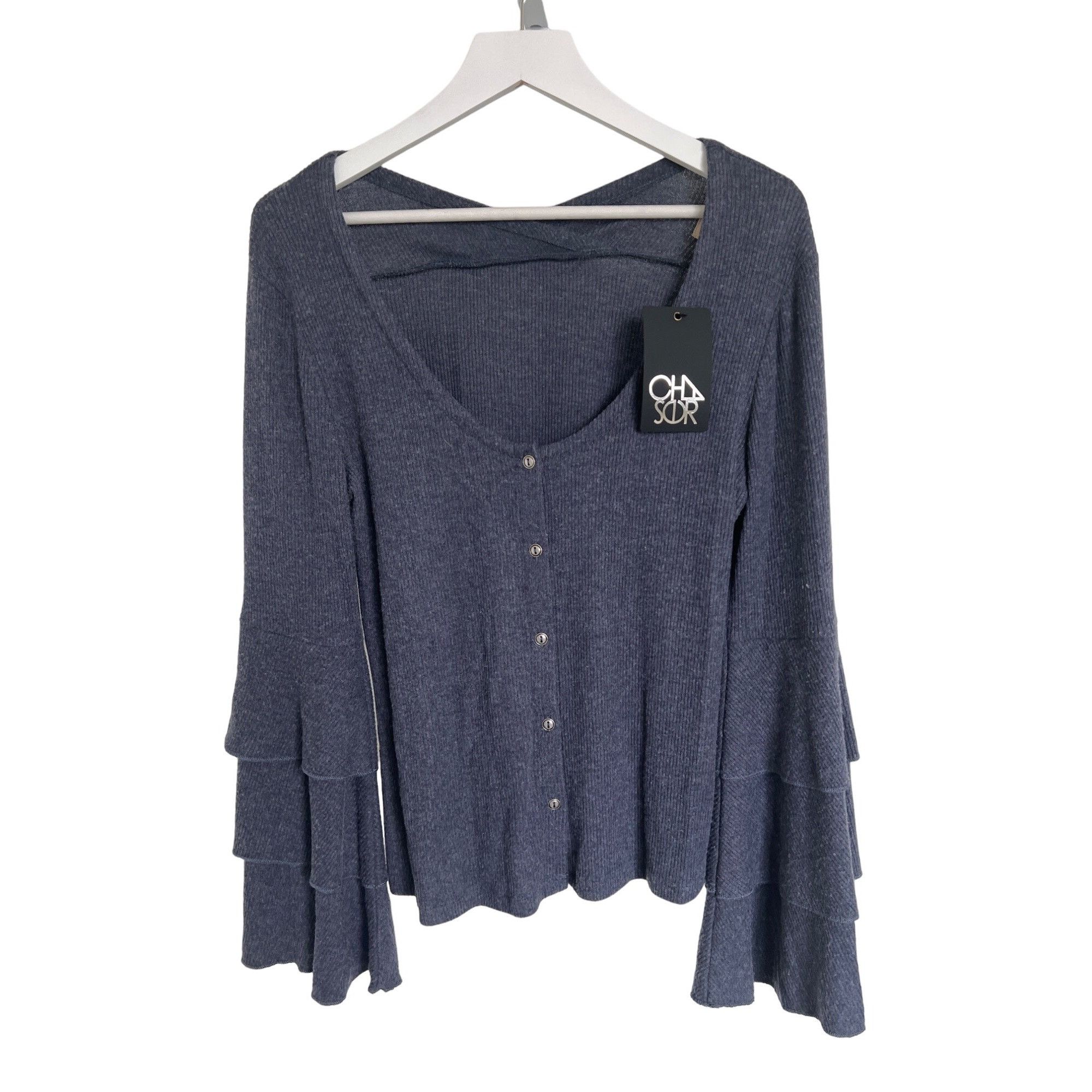 Chaser Brand Chaser Navy Blue Bell Sleeve Blouse Ribbed Button Front Size M / US 6-8 / IT 42-44 - 1 Thumbnail