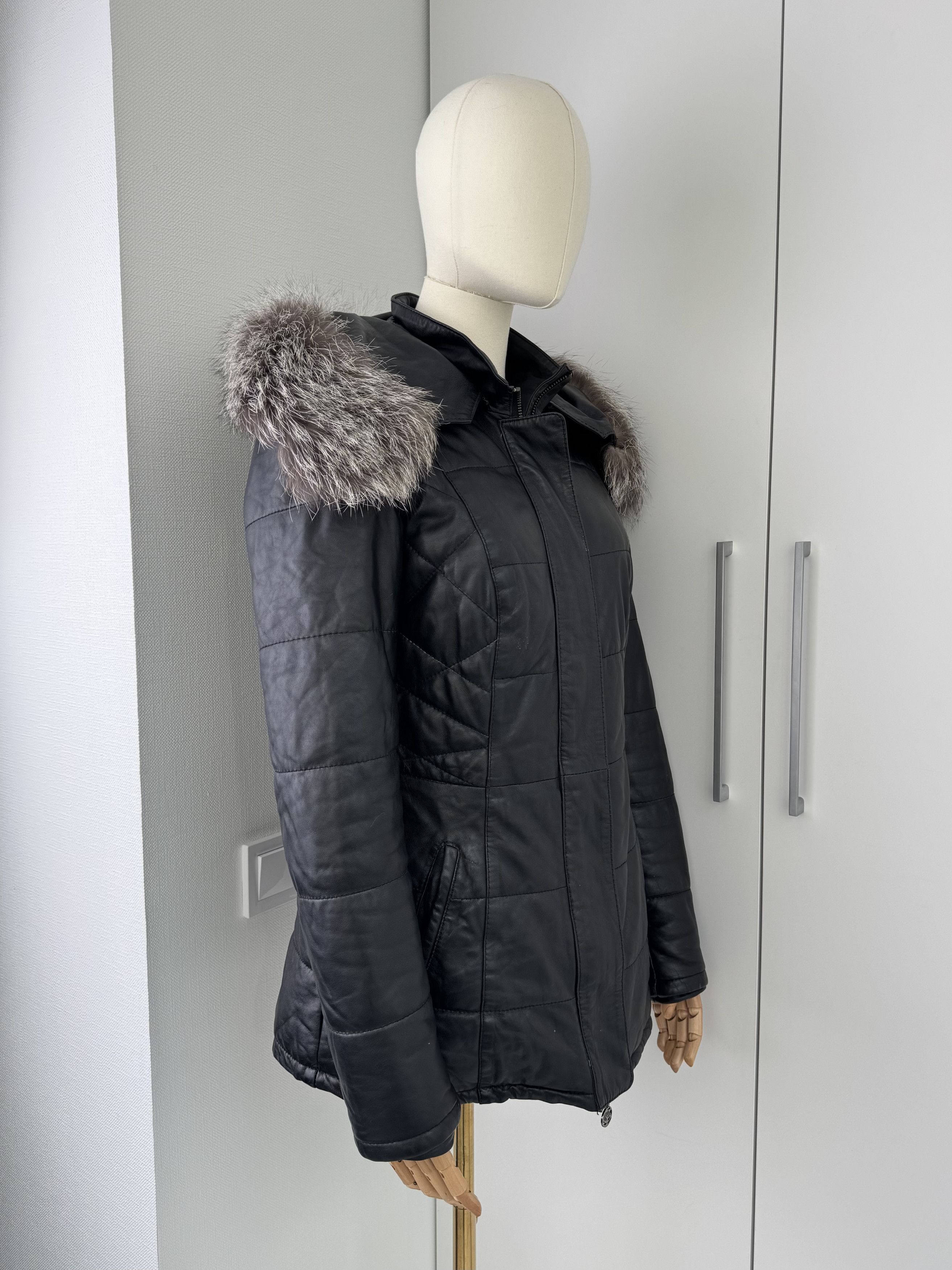 Japanese Brand Y2K Black Leather Jacket Womens Real Fur Hooded Quilted Coat Size M / US 6-8 / IT 42-44 - 1 Thumbnail