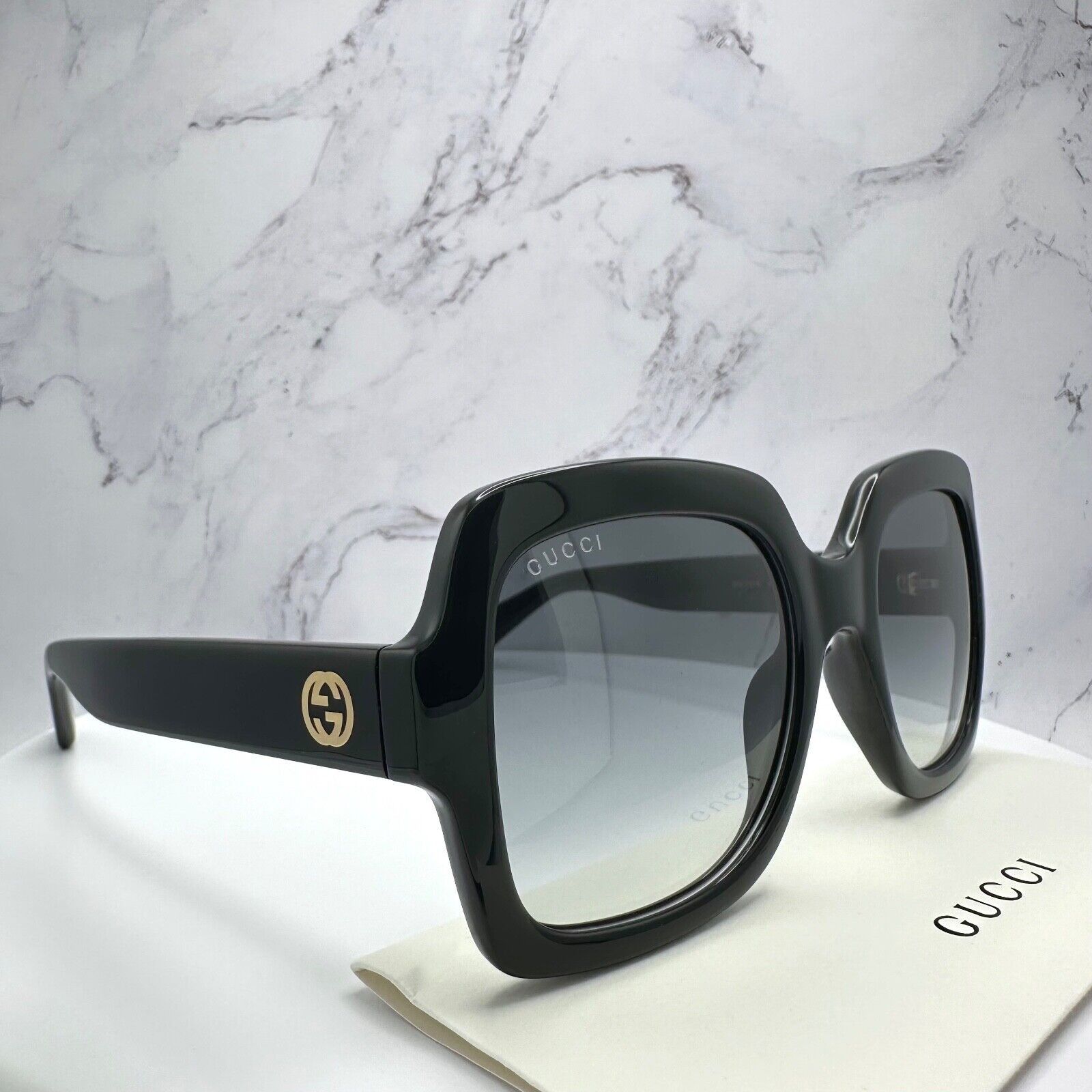 Gucci Sunglasses Black Square Womens Gold GG Logo Oversized