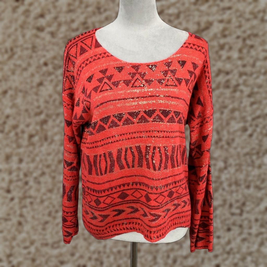 Vintage Angie Womens Sweater Pullover Knit Long Sleeve Boat Neck Red Coral Geometric Bohemian Western Knit Regular M Size M / US 6-8 / IT 42-44 - 1 Thumbnail