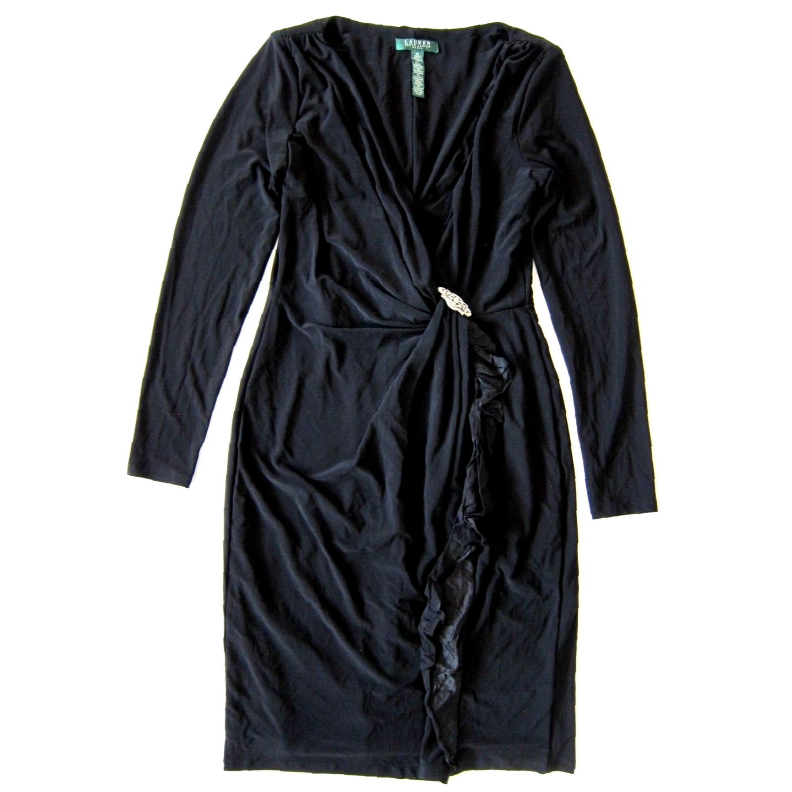 Ralph Lauren VINTAGE Ralph Lauren Black Diamond Stretch Long Sleeve Ruffle Ruched Wrap Dress 10 Women's Dress Black 90s Style Wrap Dress Womens Size L / US 10 / IT 46 - 2 Thumbnail