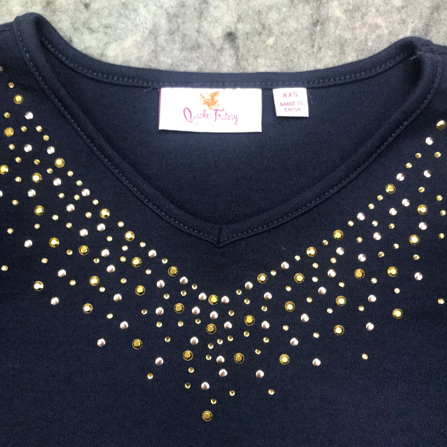 Quacker Factory Quacker Factory V-Neck Shirt Womens XX-Small Blue Rhinestones Embellished Cotton Blend Knit Short Sleeve Size XXS / US 00 / IT 34 - 3 Thumbnail