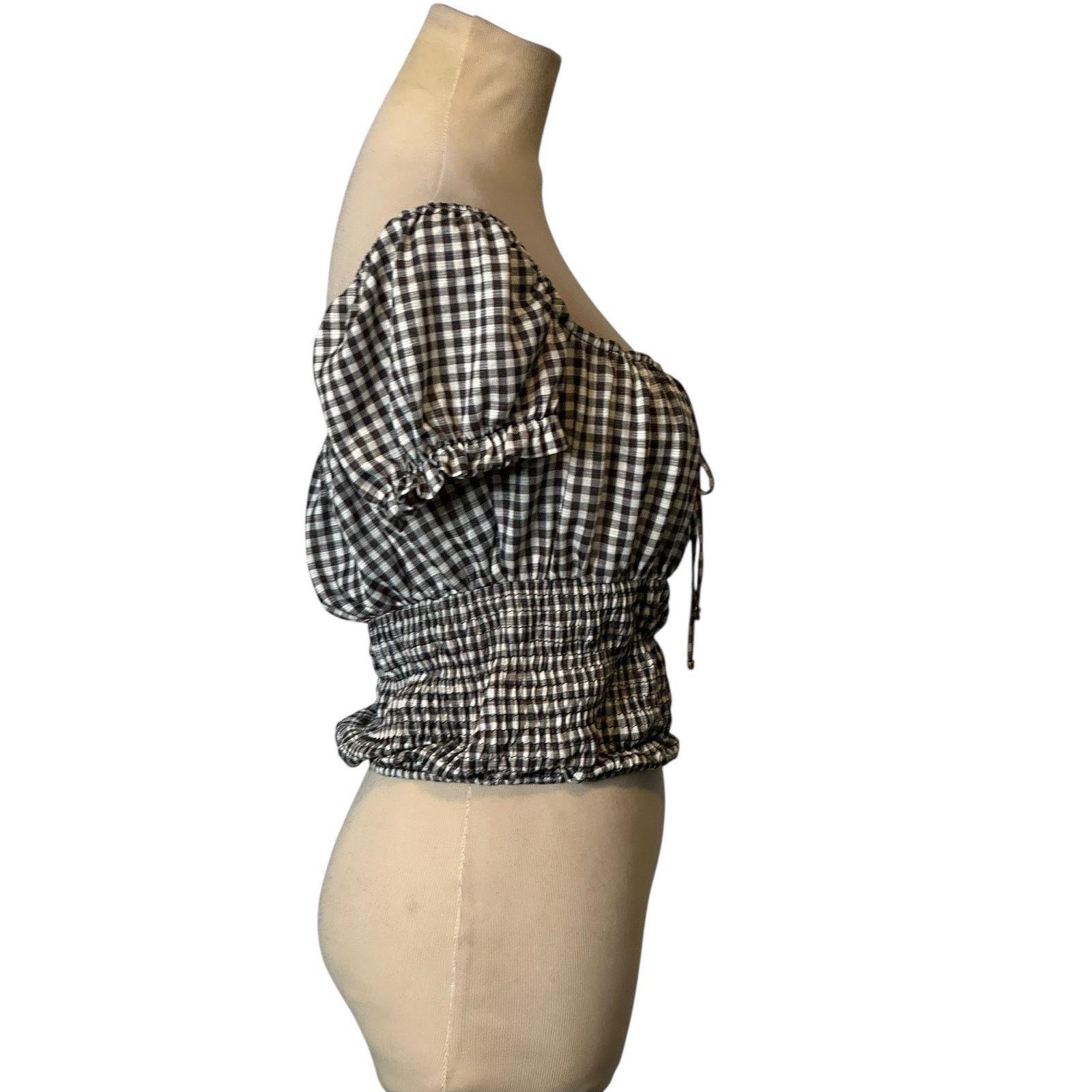 Bershka Bershka black white check short sleeves peasant top size m Size M / US 6-8 / IT 42-44 - 6 Thumbnail