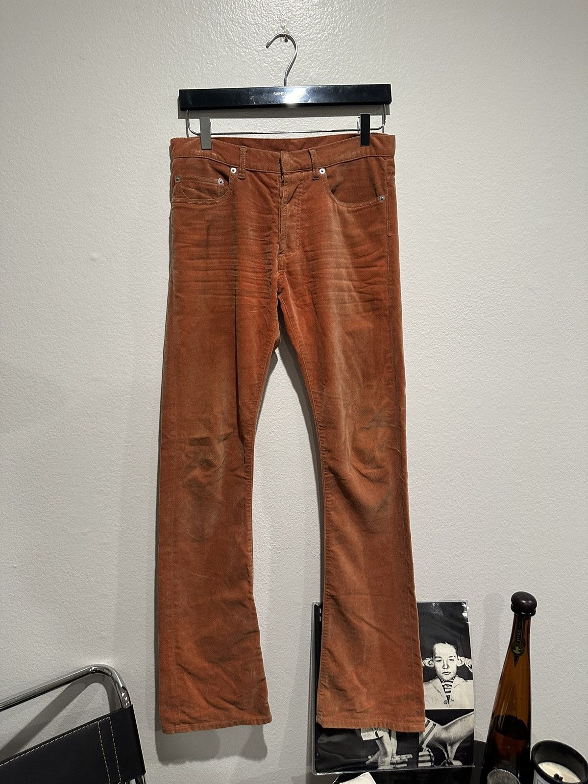 image of Dior x Hedi Slimane Aw05 Velour Flared Pants in Peach, Men's (Size 30)