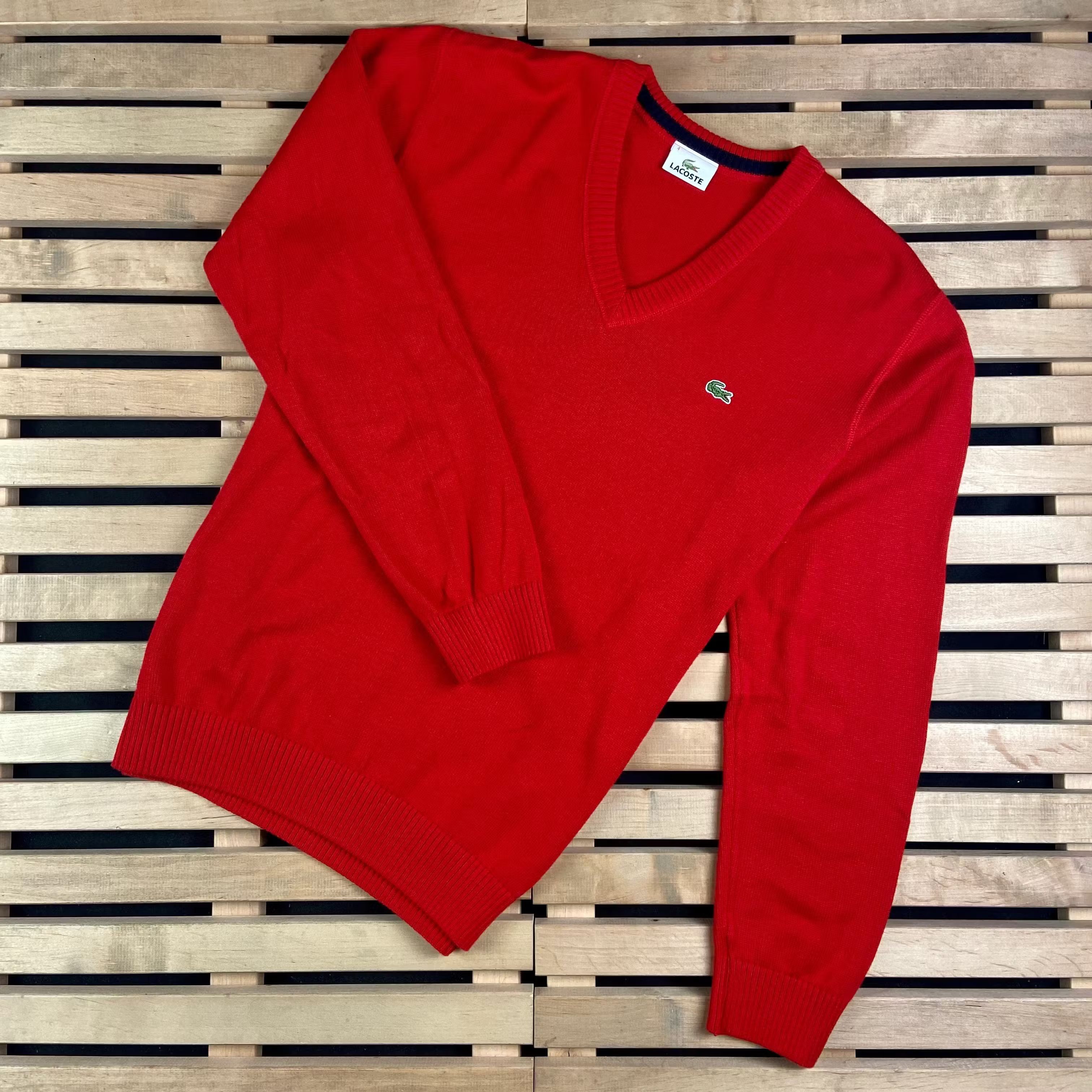 Lacoste × Vintage Mens Jumper Lacoste Vintage V Neck Size L Red Size US L / EU 52-54 / 3 - 1 Thumbnail