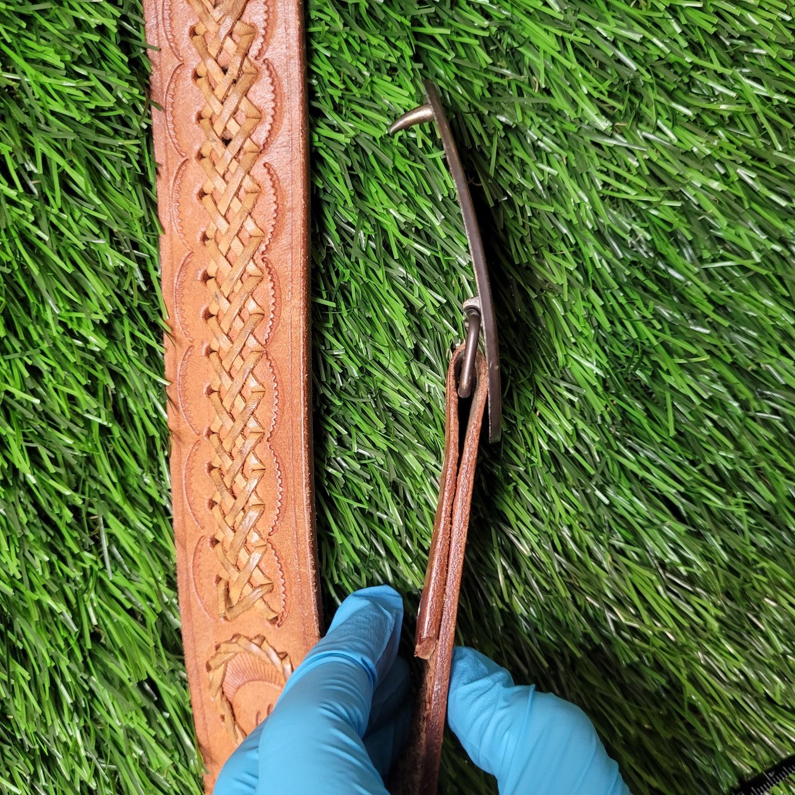 Vintage VTG Hand Tooled Leather Belt Cowboy Duck Buckle 36-43 Waist Size 38 - 6 Thumbnail