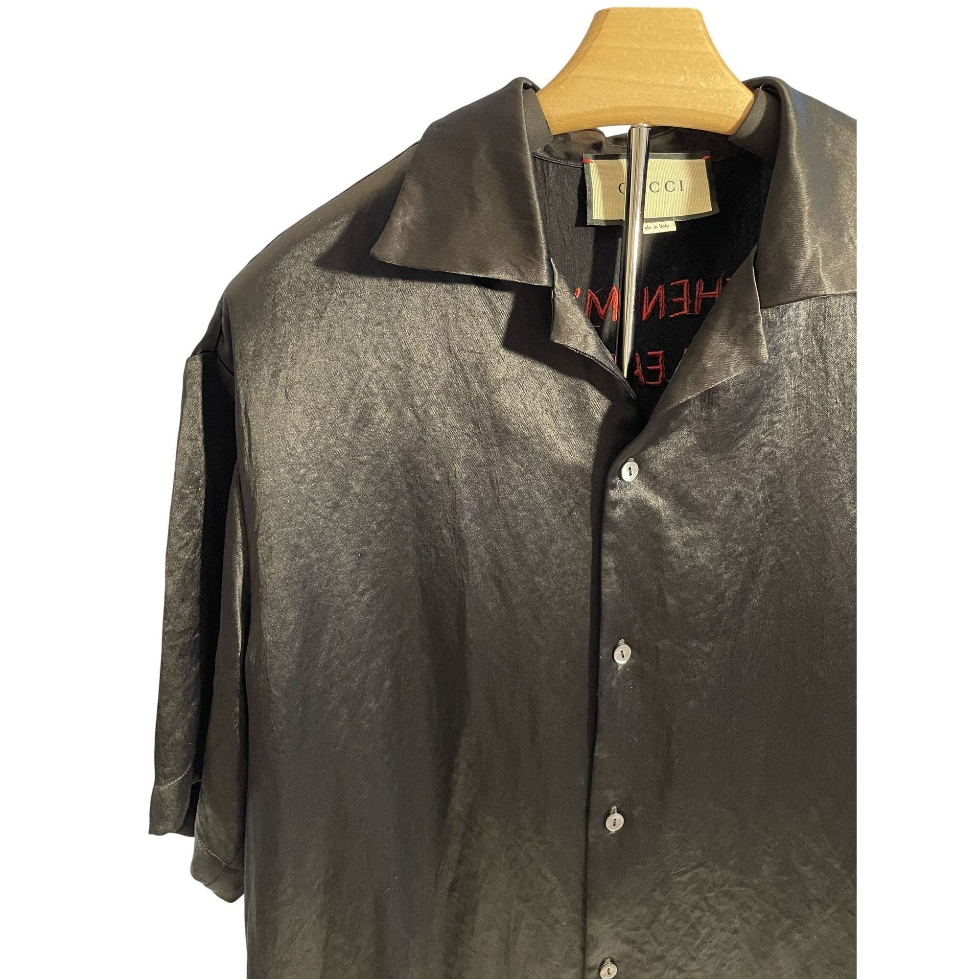 Gucci Gucci Mens Black Silk Short-Sleeve Button-Up Shirt With Embr Size US M / EU 48-50 / 2 - 3 Thumbnail