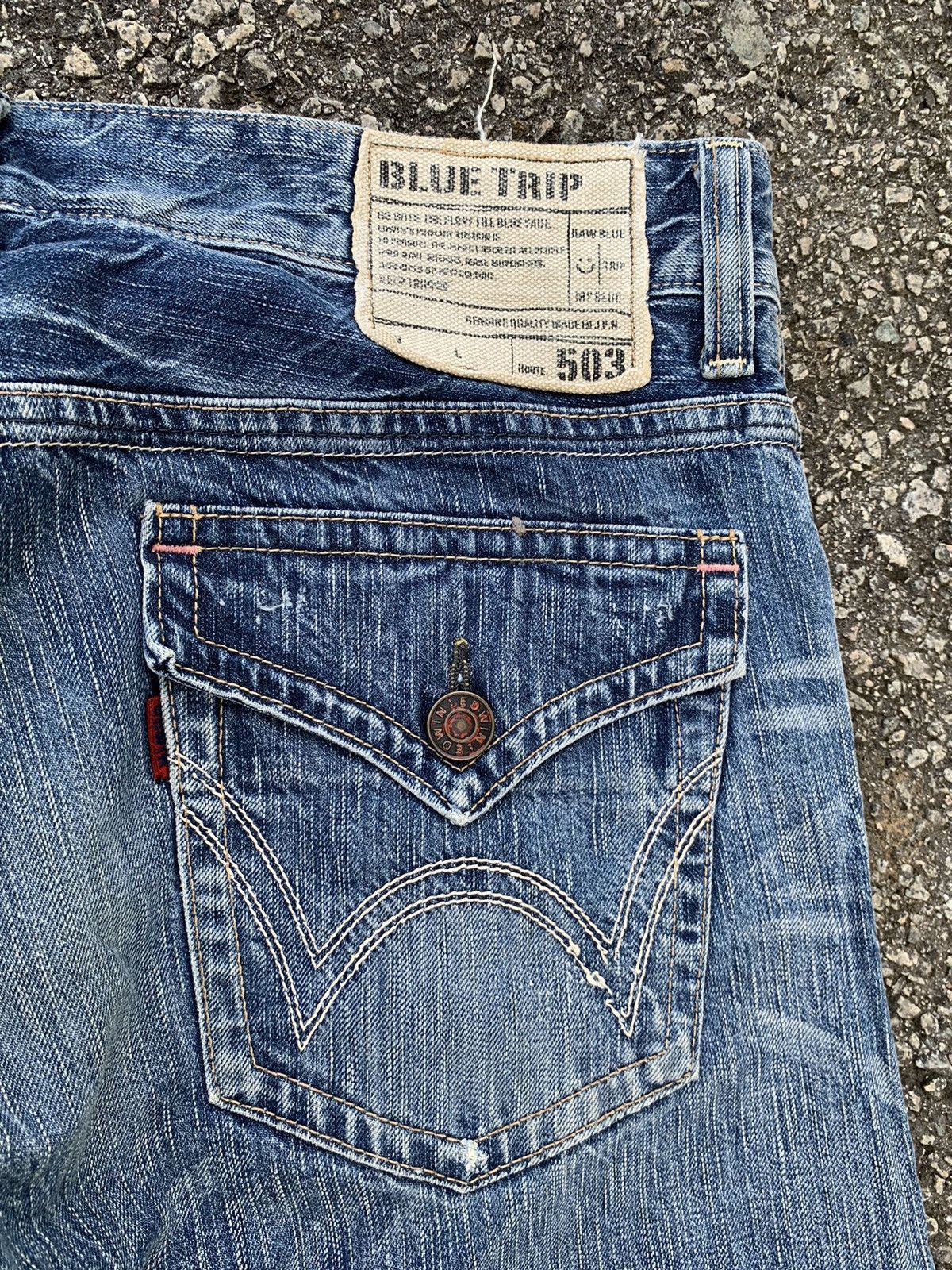 Japanese Brand FLARE💥EDWIN 503 FADED & RUSTY DISTRESSED DENIM Size US 35 - 20 Thumbnail