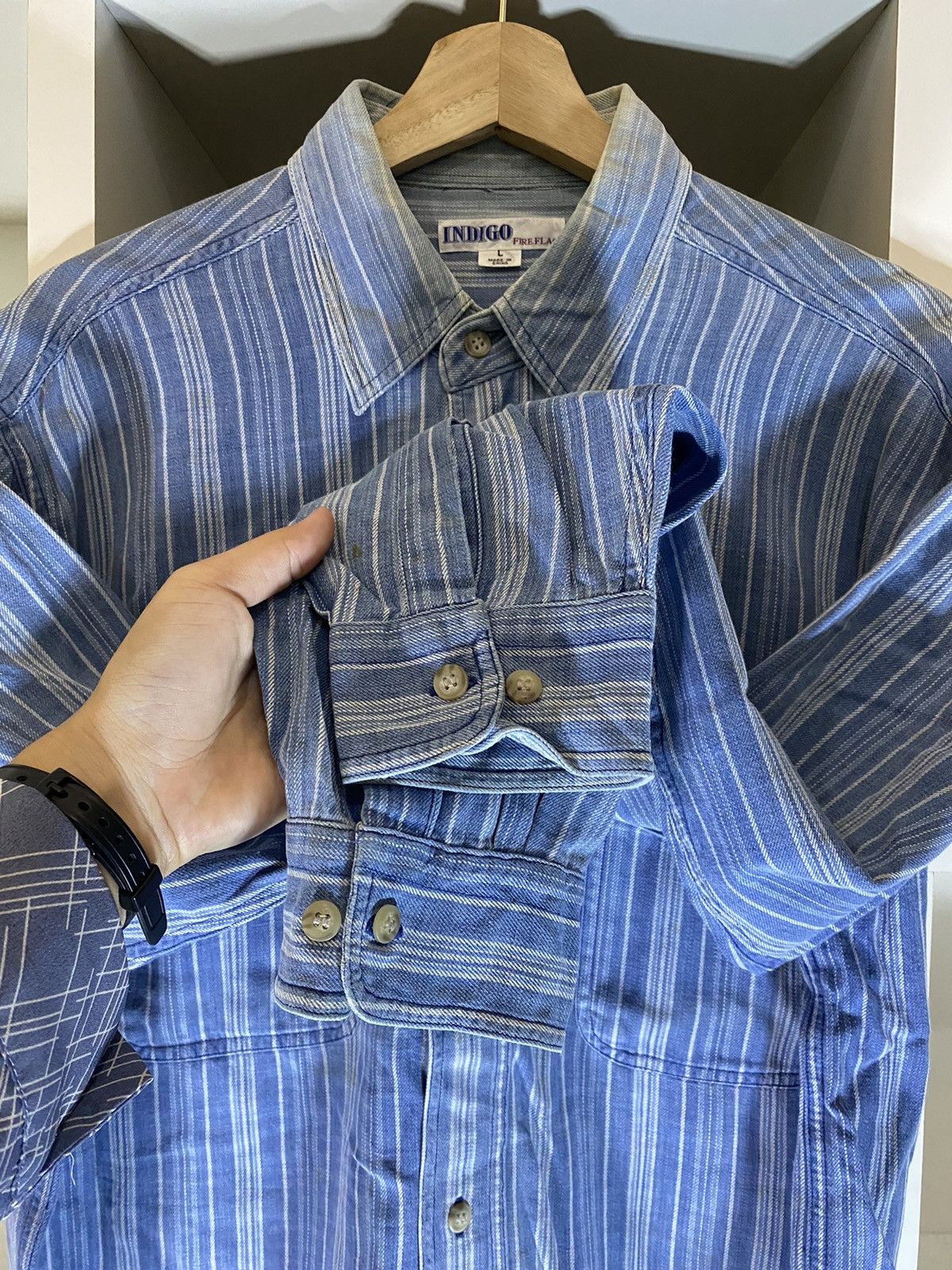 Indigo × Japanese Brand × Vintage Vintage Indigo Fire Flag Button Shirt Size US L / EU 52-54 / 3 - 7 Thumbnail