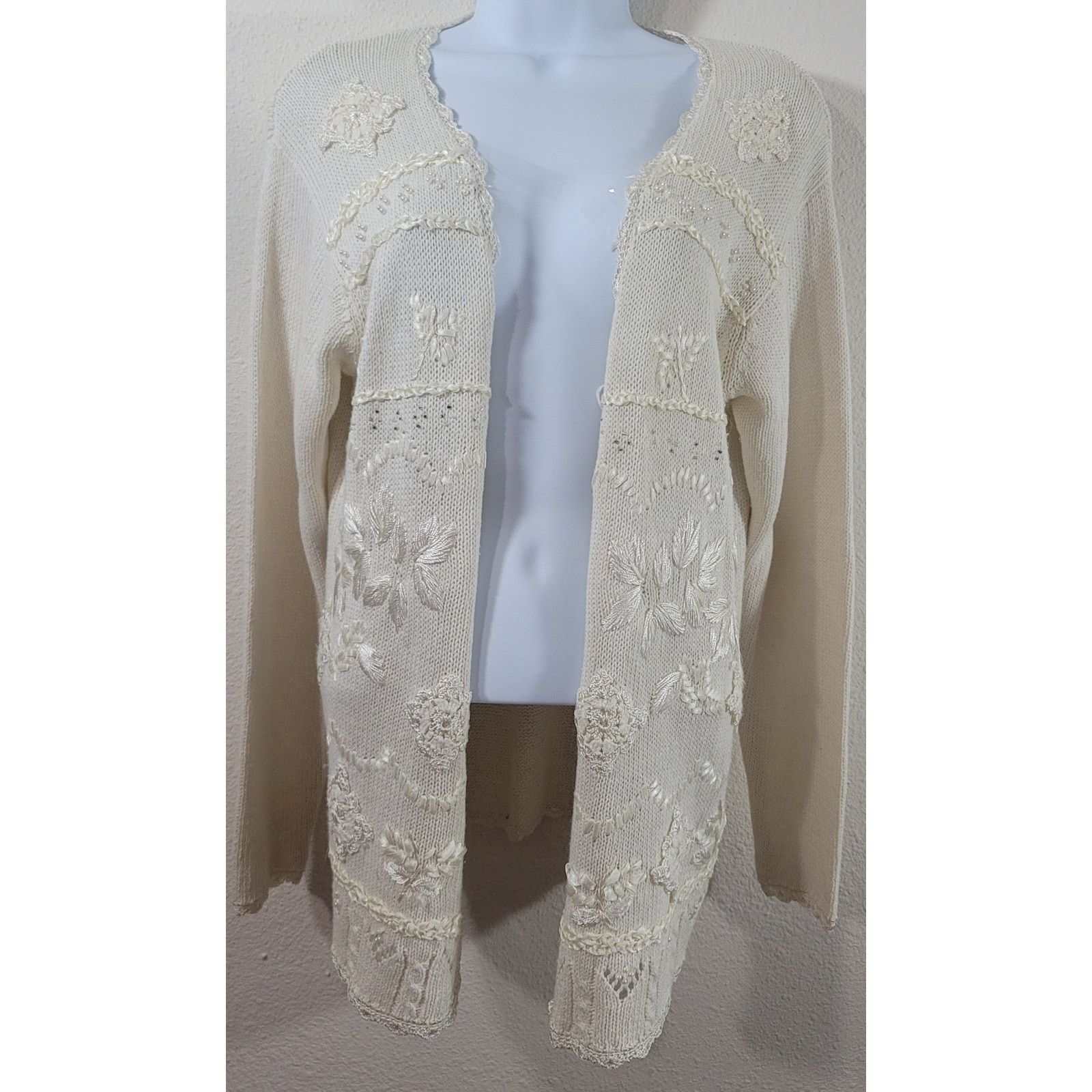 rue21 Rue 21 Cream Open Front Embroidered Cardigan Sweater Small Size S / US 4 / IT 40 - 1 Thumbnail