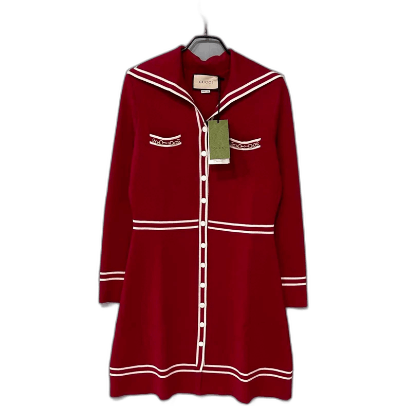 Red Wool Knitted Dress with Chain Detail-2505