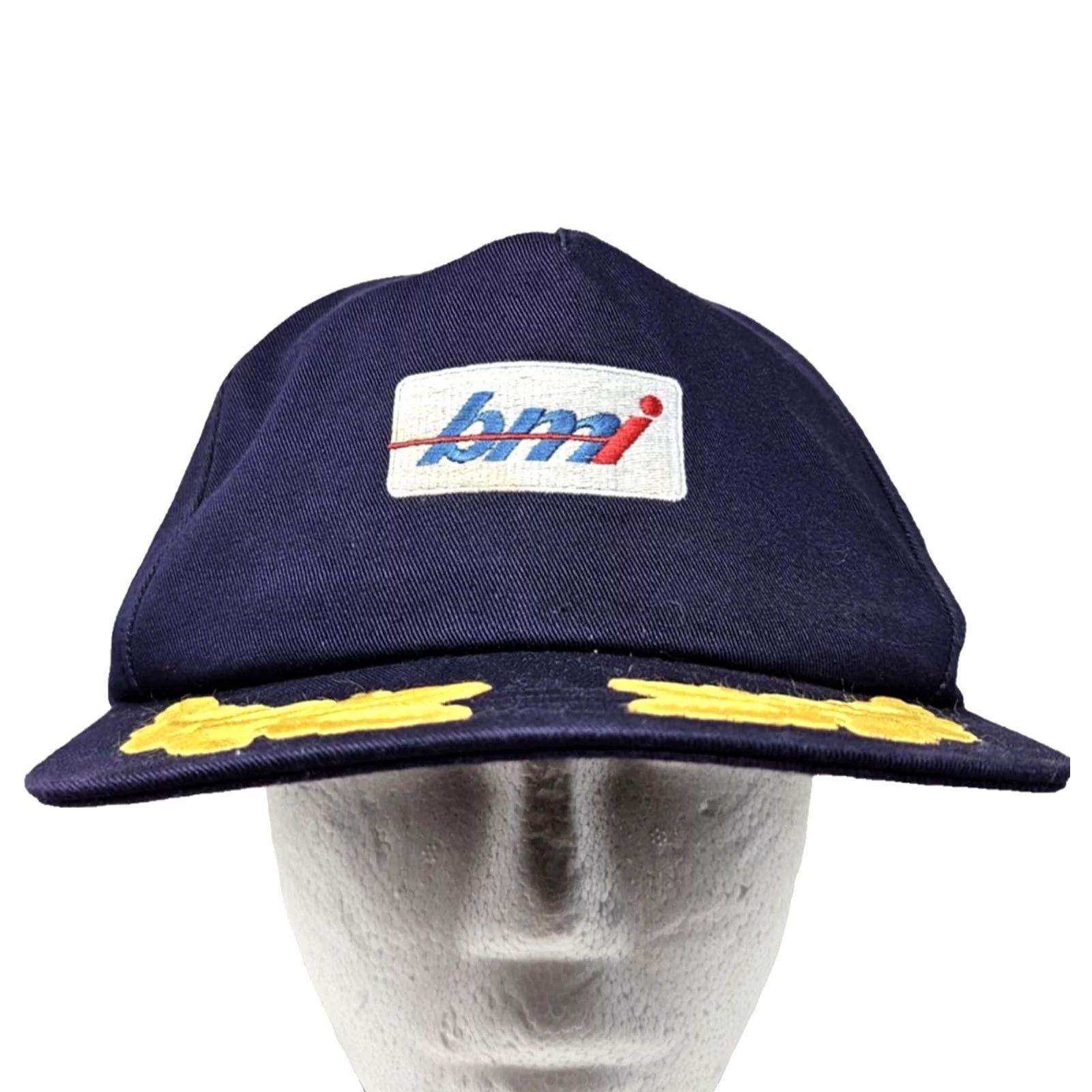 Vintage BMI Airline Hat Cap Strap Back Pilot Captain Oak Leaf Embroidered Patch Mens Size ONE SIZE - 2 Thumbnail