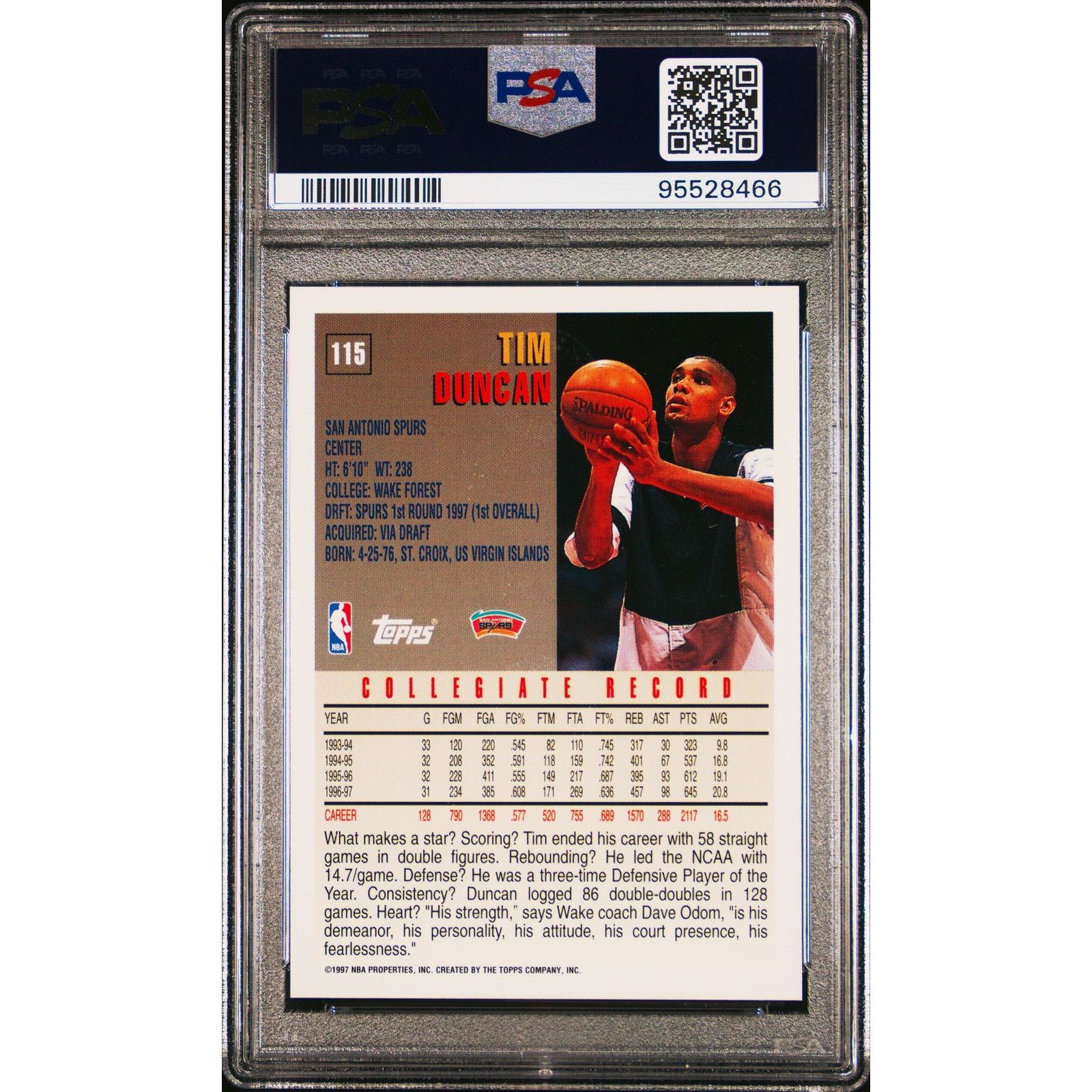 NBA 1997 Topps #115 Tim Duncan RC PSA 10 San Antonio Spurs Size ONE SIZE - 2 Thumbnail