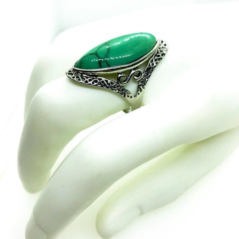 Designer Natural Green 27mm Stone Hollow Antique Silver Ring - Size 7 Size ONE SIZE - 6 Thumbnail