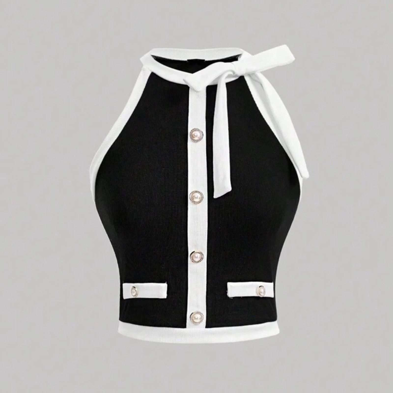 Other New Y2K Stylish Black and White Halter Top with a Bow size S Size S / US 4 / IT 40 - 1 Thumbnail