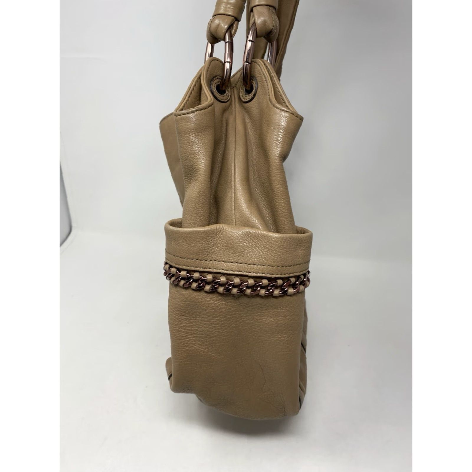 Vintage B. Makowsky Handbag Tan Soft Leather Shoulder Bag Chain Detail Snake Print Tote Size ONE SIZE - 5 Thumbnail